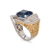 SAPPHIRE, COLORED DIAMOND AND DIAMOND RING