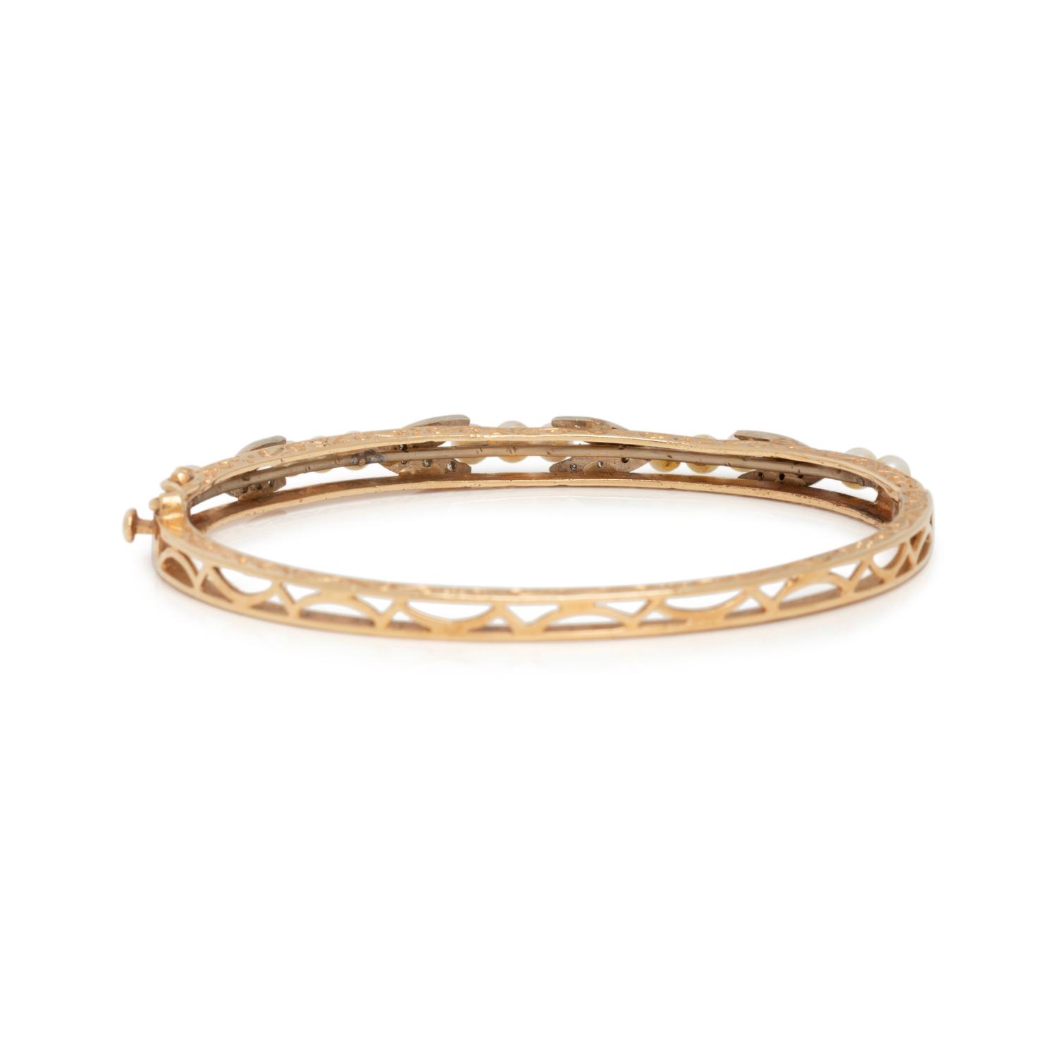 BICOLOR GOLD, CULTURED PEARL AND DIAMOND BANGLE BRACELET