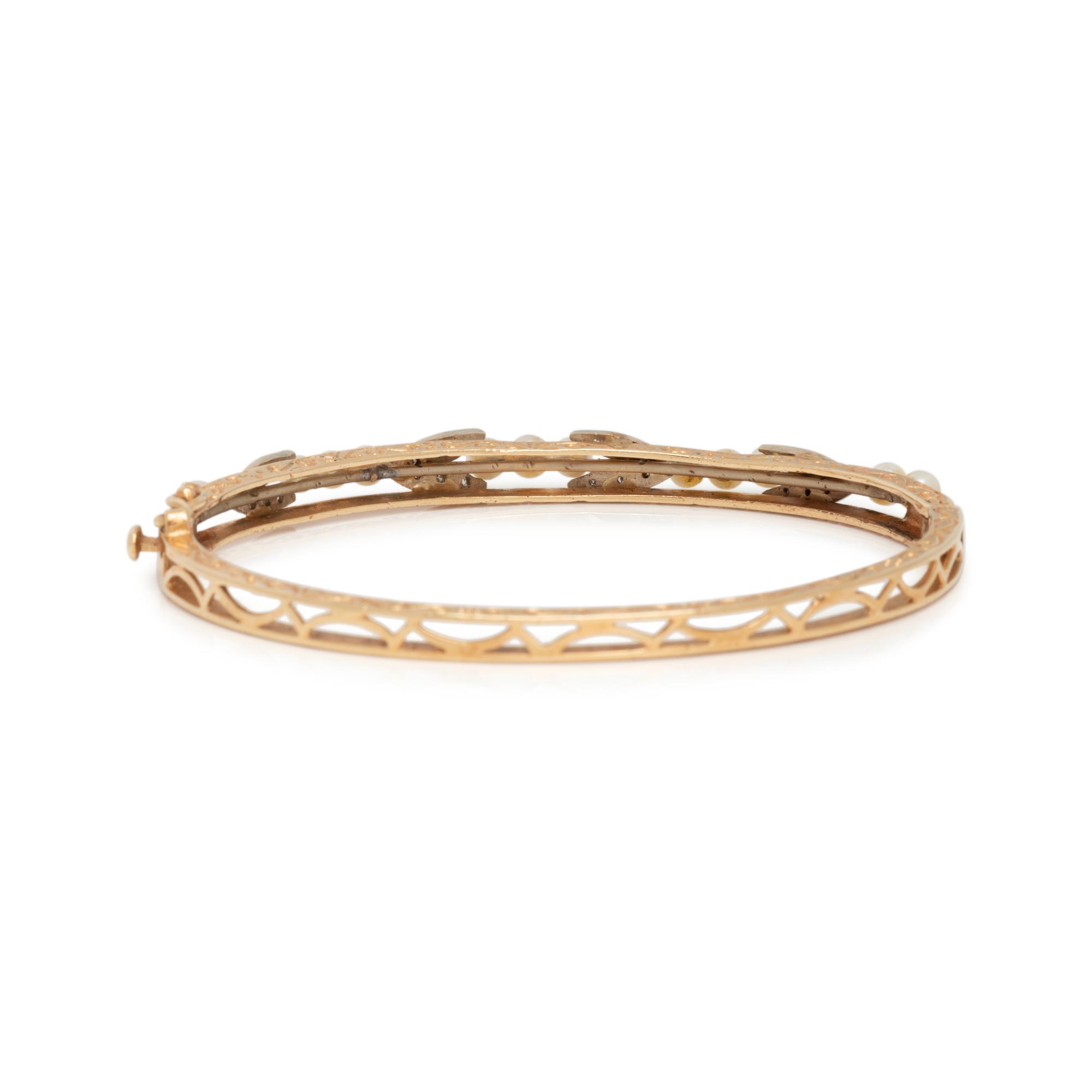BICOLOR GOLD, CULTURED PEARL AND DIAMOND BANGLE BRACELET