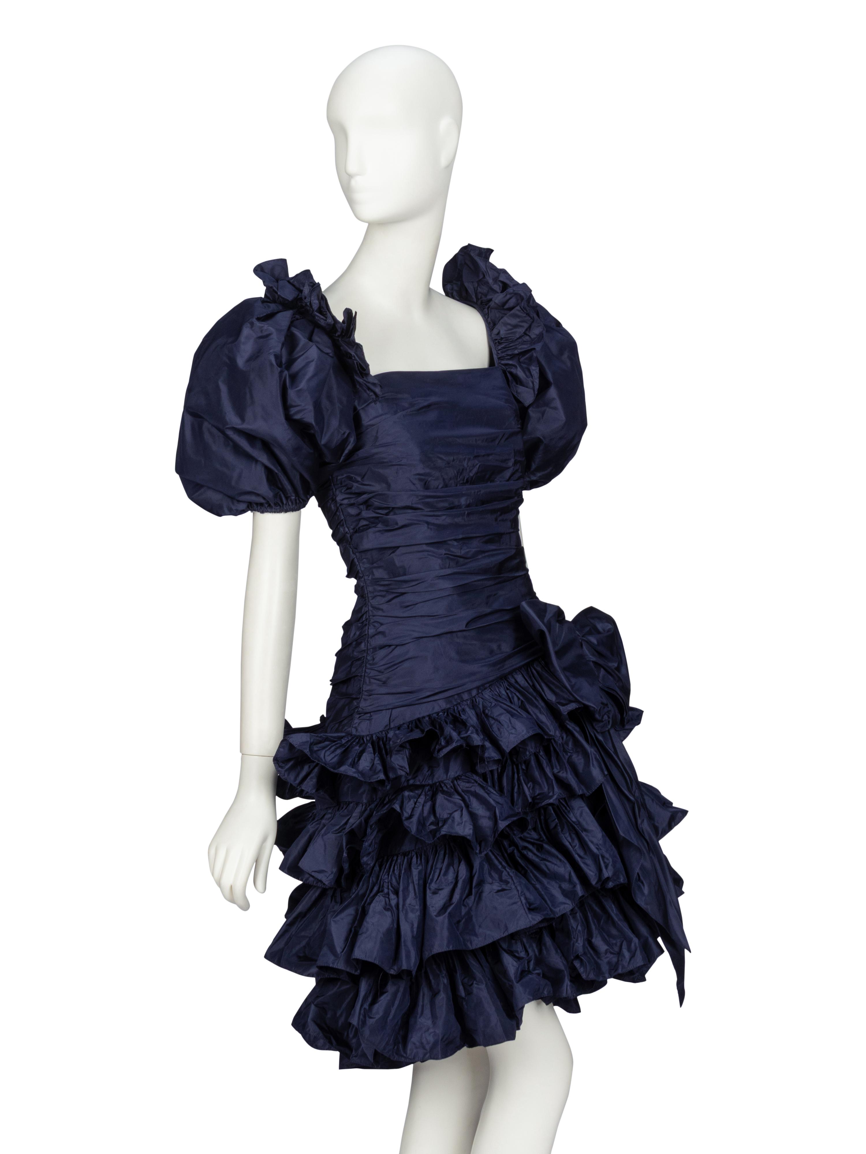 Oscar de la Renta, Navy Taffeta Ruffle Cocktail Dress, 1980s Runway Sample