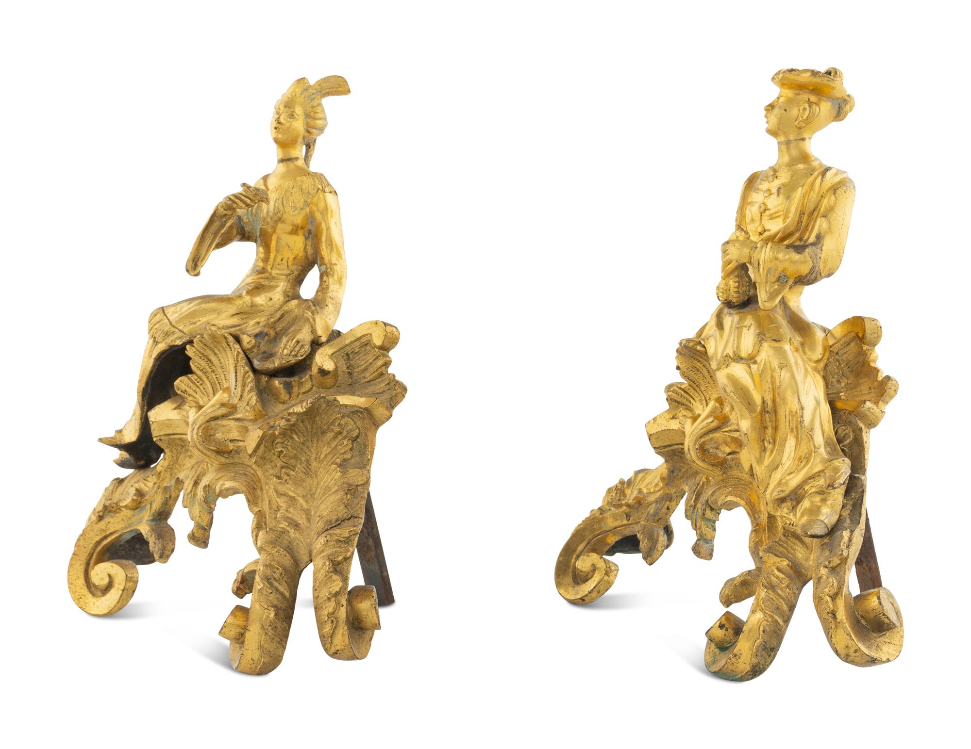 A Pair of French Gilt Bronze Chenets