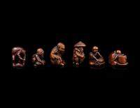 Six Japanese Carved Wood and Bamboo Figural-Form Netsuke