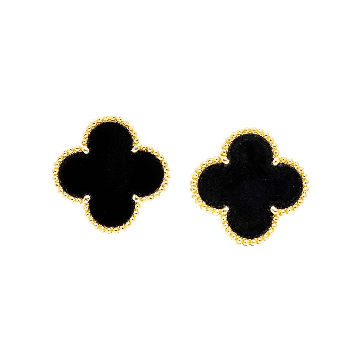 VAN CLEEF & ARPELS, ONYX AND YELLOW GOLD 'ALHAMBRA' EARRINGS