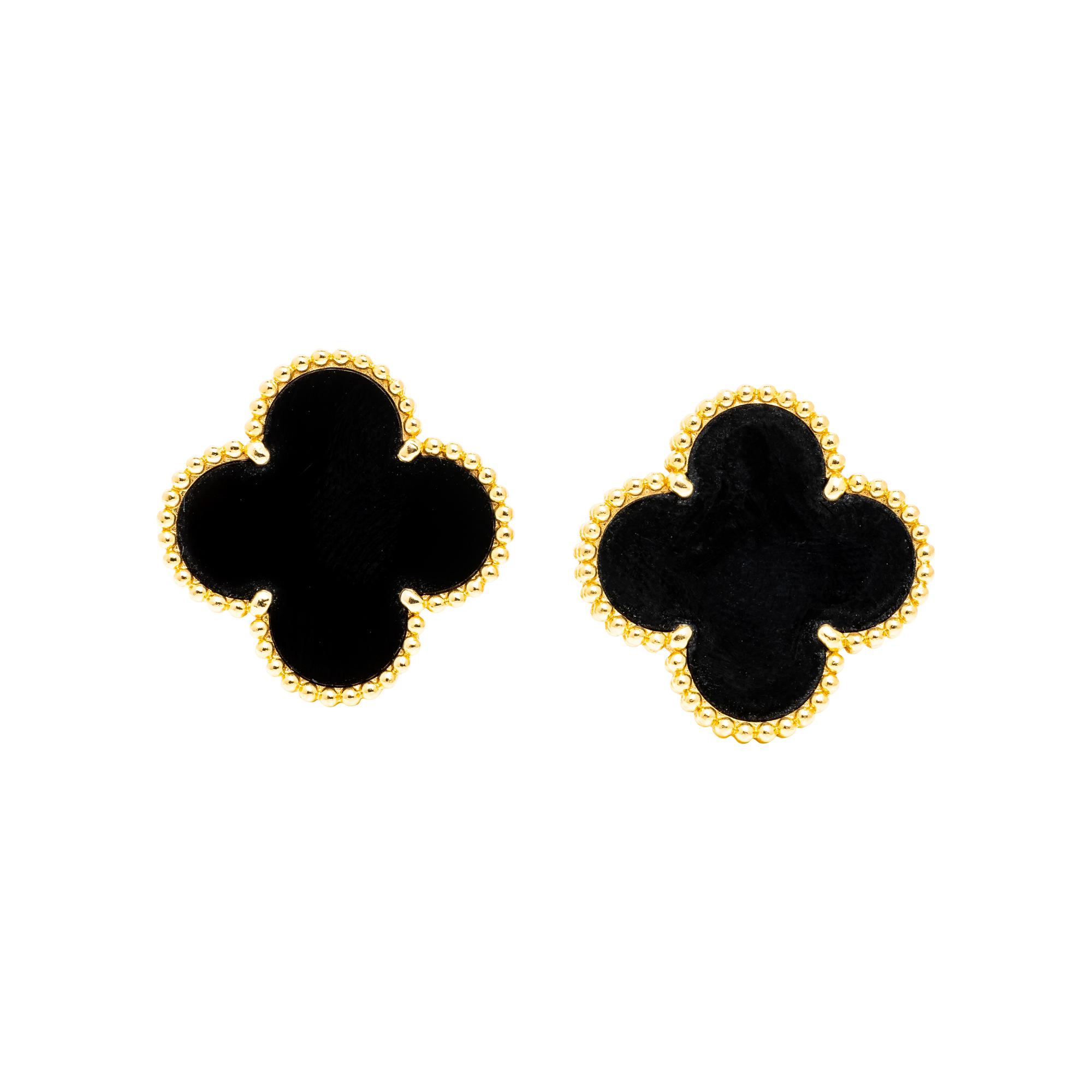 VAN CLEEF & ARPELS, ONYX AND YELLOW GOLD 'ALHAMBRA' EARRINGS