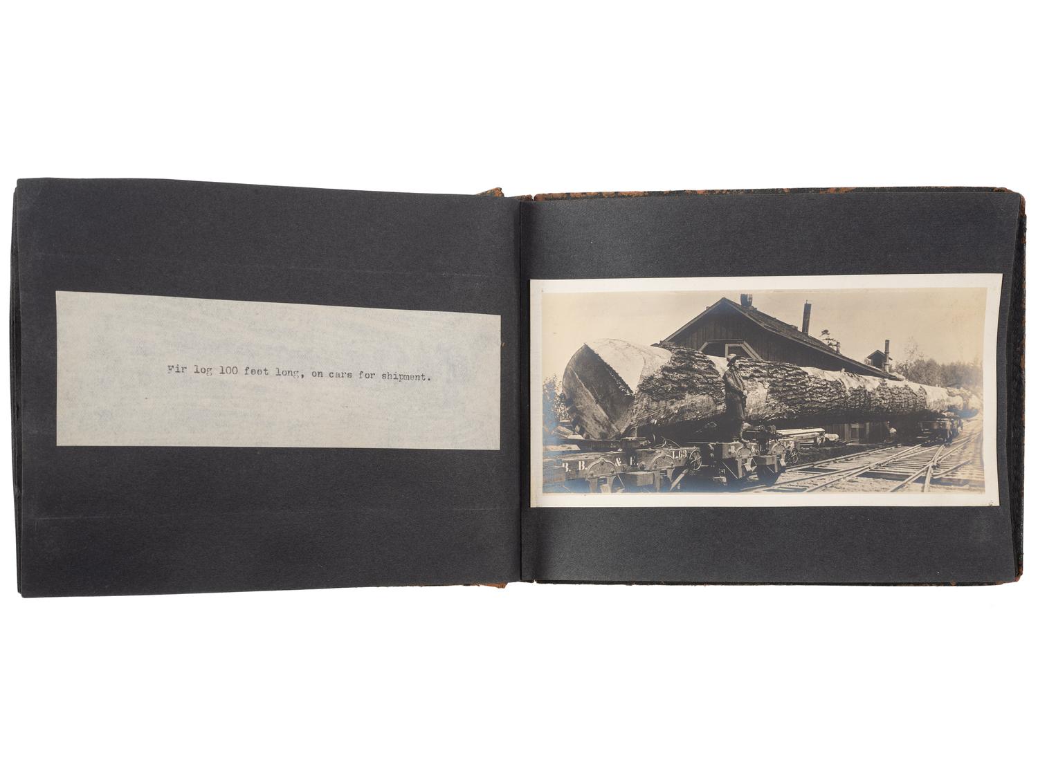 [EARLY PHOTOGRAPHY - OCCUPATIONAL]. American Timber Holding Co. photograph album featuring images from the Pacific Northwest, including: