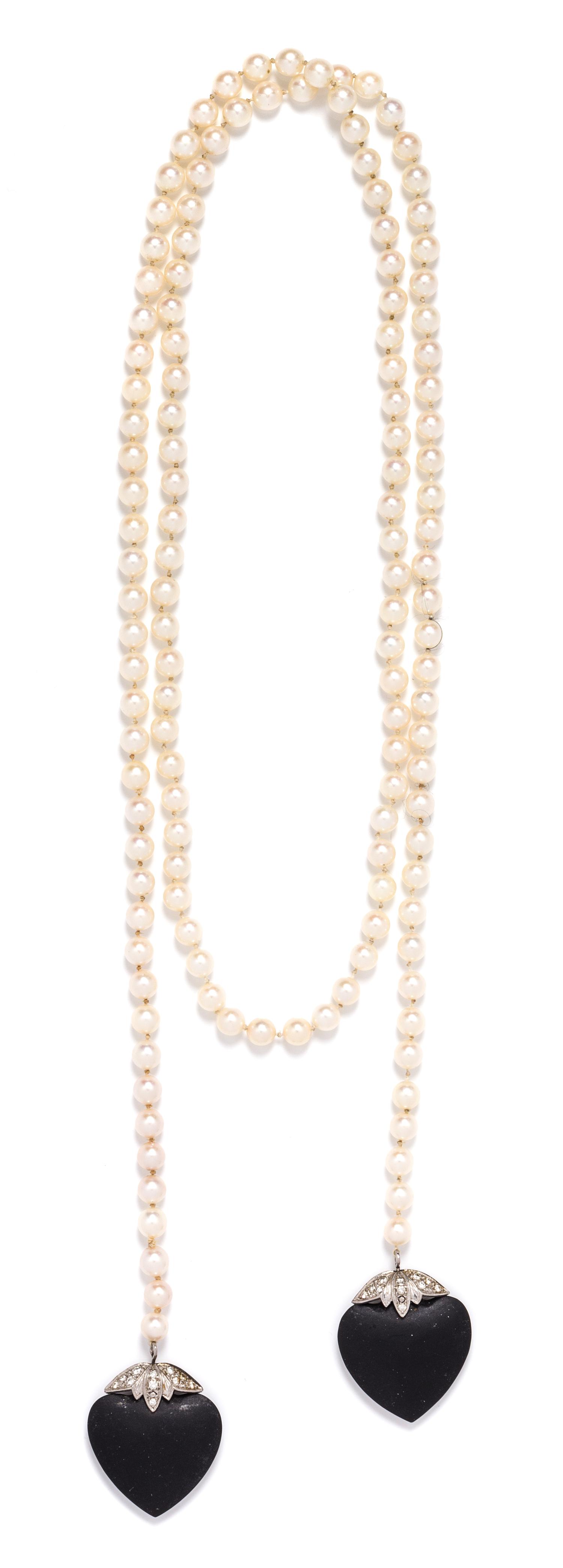 A Platinum, Onyx, Diamond and Cultured Pearl Lariat Necklace, 40.70 dwts.