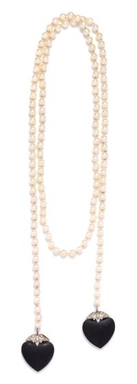 A Platinum, Onyx, Diamond and Cultured Pearl Lariat Necklace, 40.70 dwts.