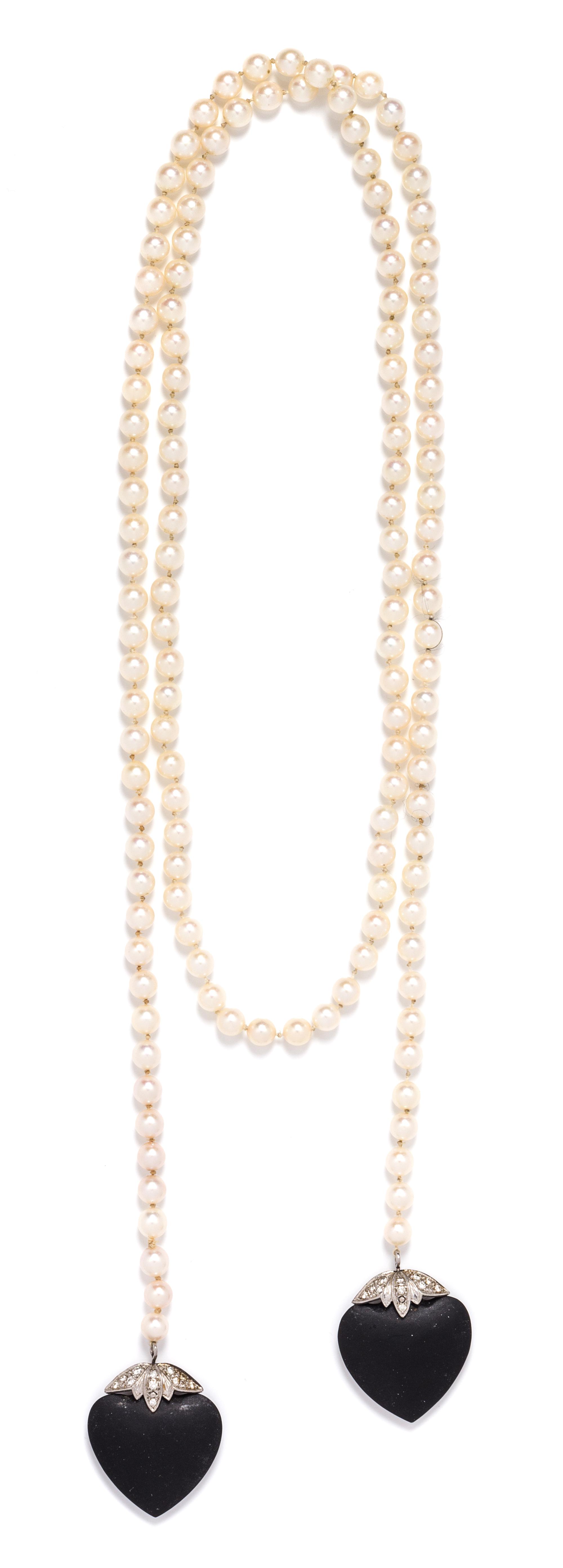 A Platinum, Onyx, Diamond and Cultured Pearl Lariat Necklace, 40.70 dwts.