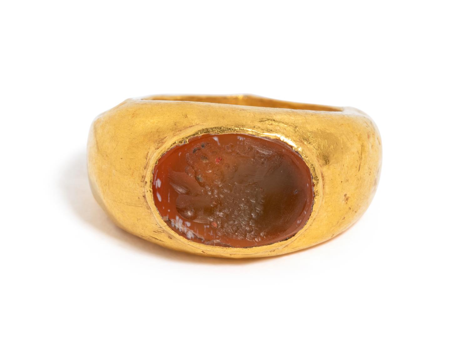 A Roman Gold and Carnelian Finger Ring with the Portrait Head of Socrates