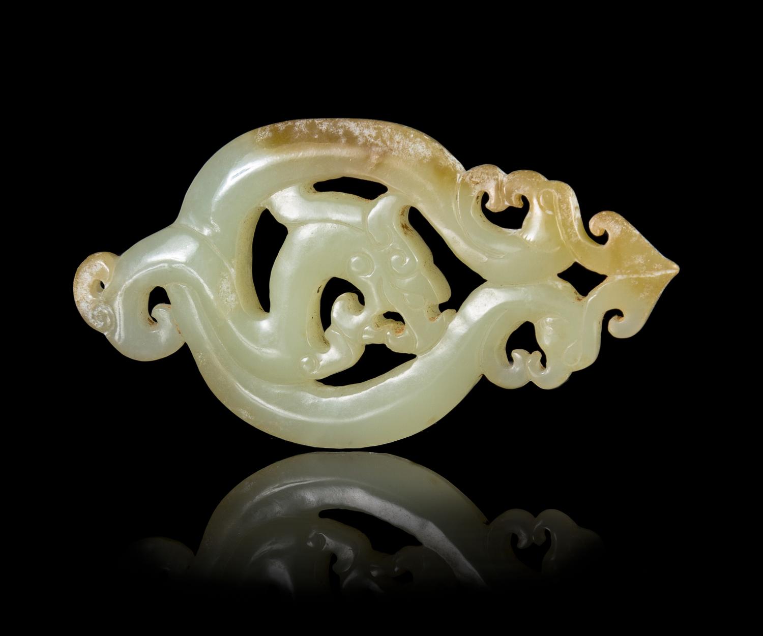 A Pierce Carved Celadon Jade Pendant Length 3 inches.