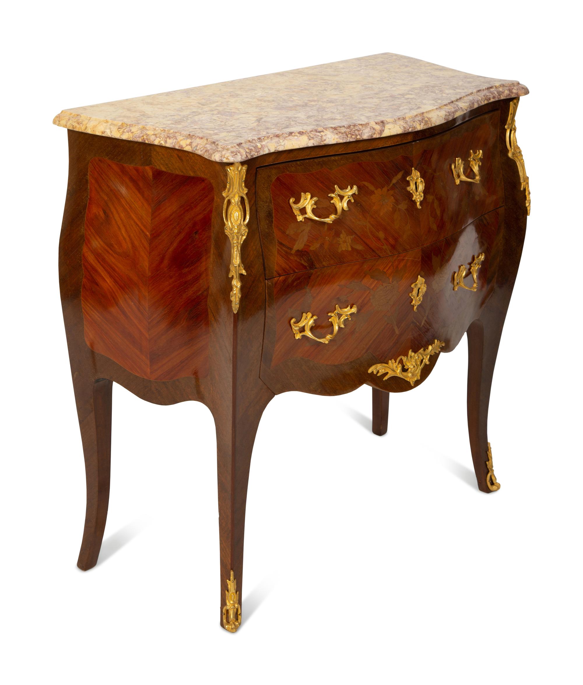 A Louis XV Style Marquetry, Gilt Bronze Mounted Marble Top Commode — 20TH CENTURY
