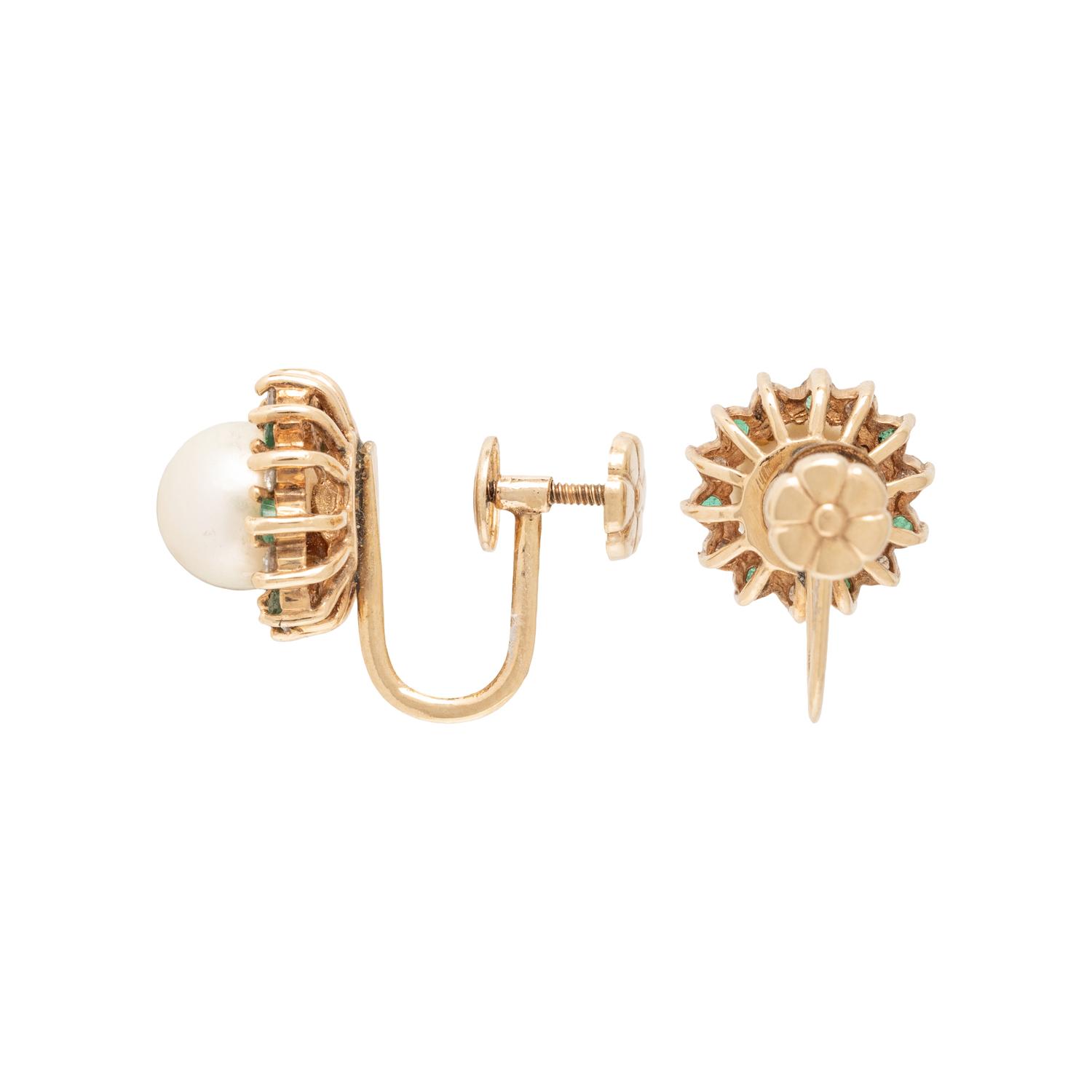 CULTURED PEARL, EMERALD, AND DIAMOND CLIP EARRINGS AND RING