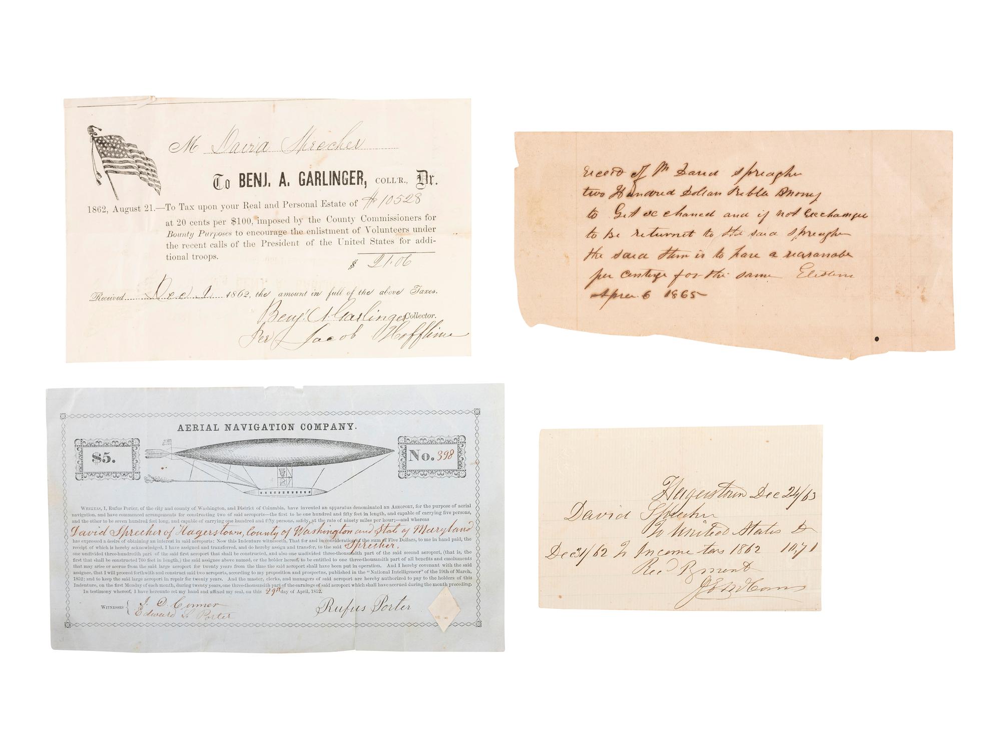 [TRANSPORTATION - AVIATION]. A group of 4 items associated with transportation, including a stock certificate of the Aerial Navigation Company, 1852.