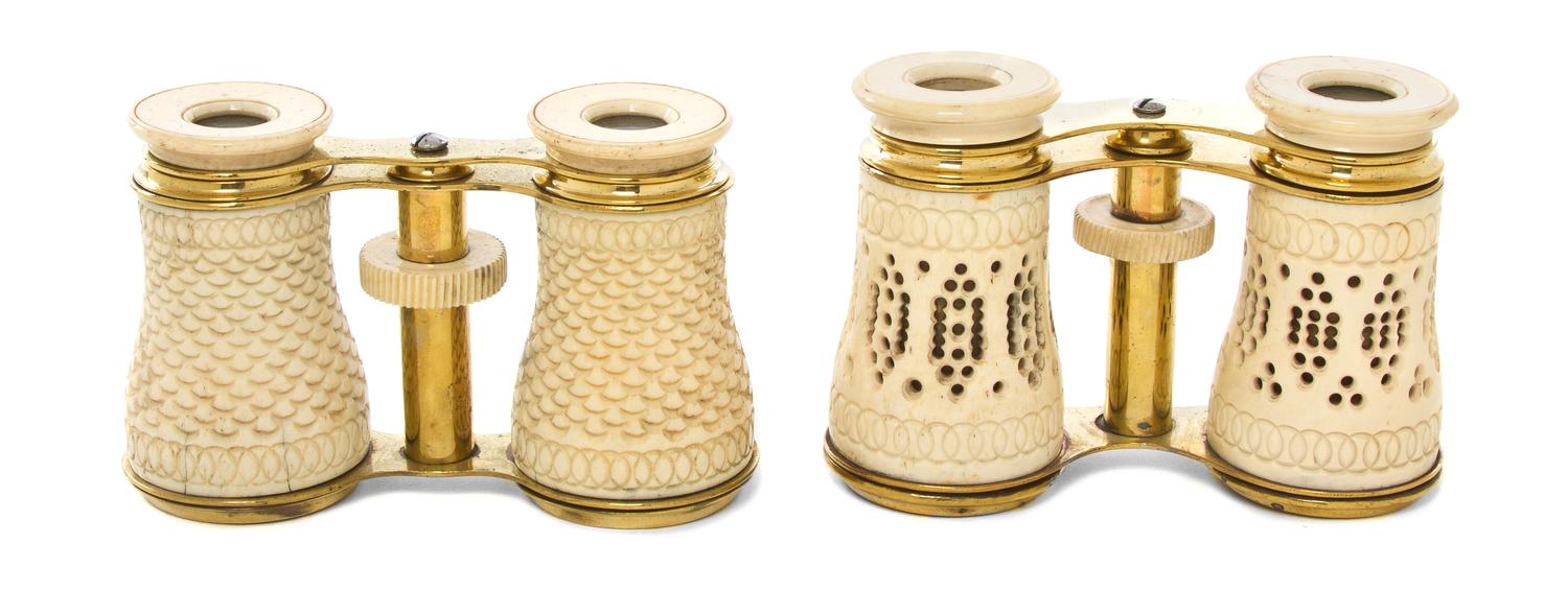 Two Pairs of Carved Ivory Veneered Opera Glasses, Width 4 1/4 inches.