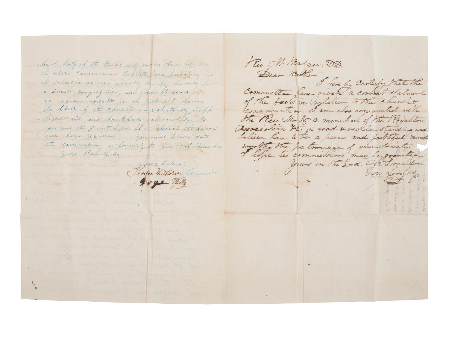 [SLAVERY & ABOLITION]. A group of two letters signed by prominent abolitionists, including one by Gerrit Smith (1797-1874) and another signed by Owen Lovejoy (1811-1864).