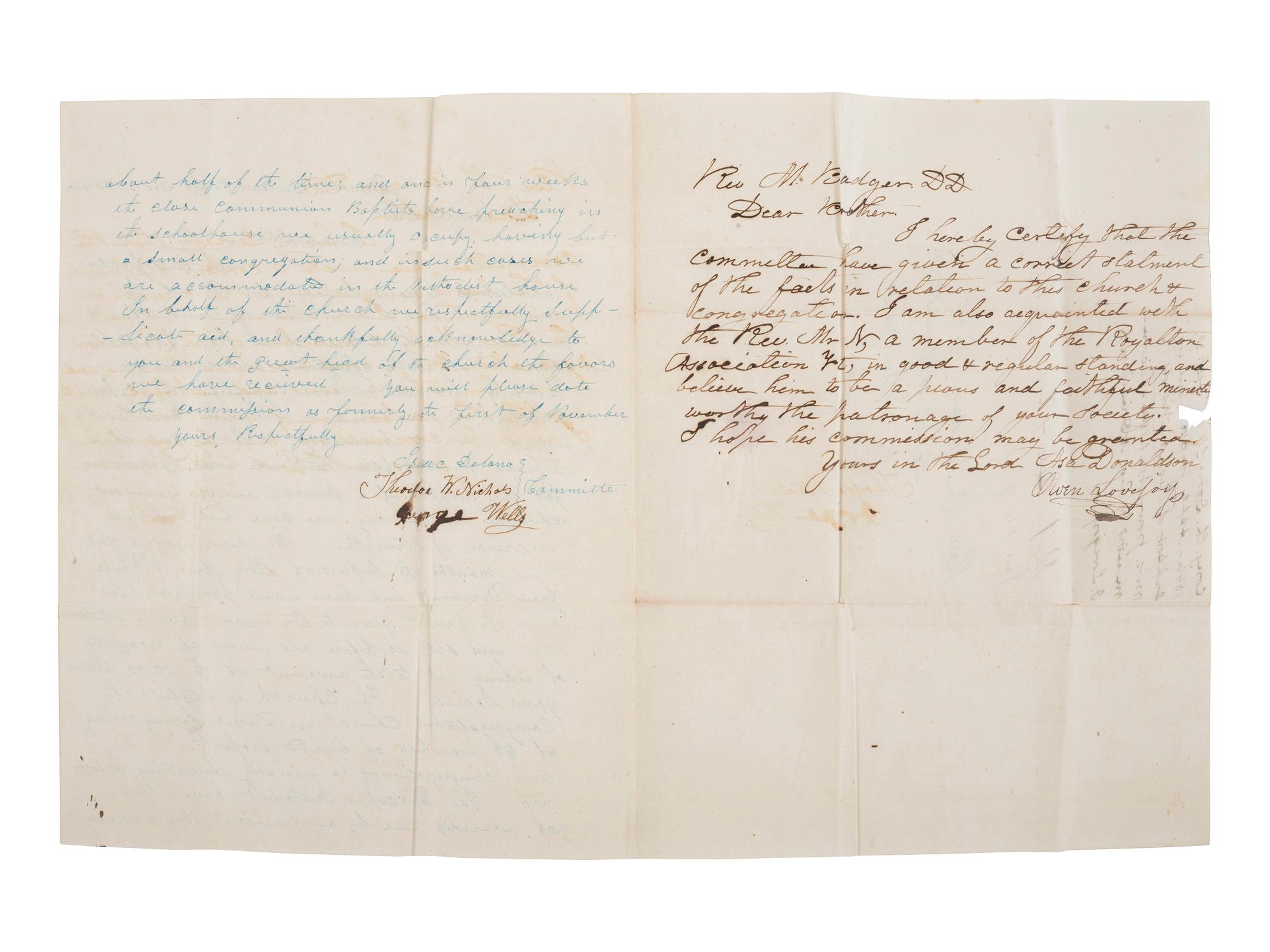 [SLAVERY & ABOLITION]. A group of two letters signed by prominent abolitionists, including one by Gerrit Smith (1797-1874) and another signed by Owen Lovejoy (1811-1864).