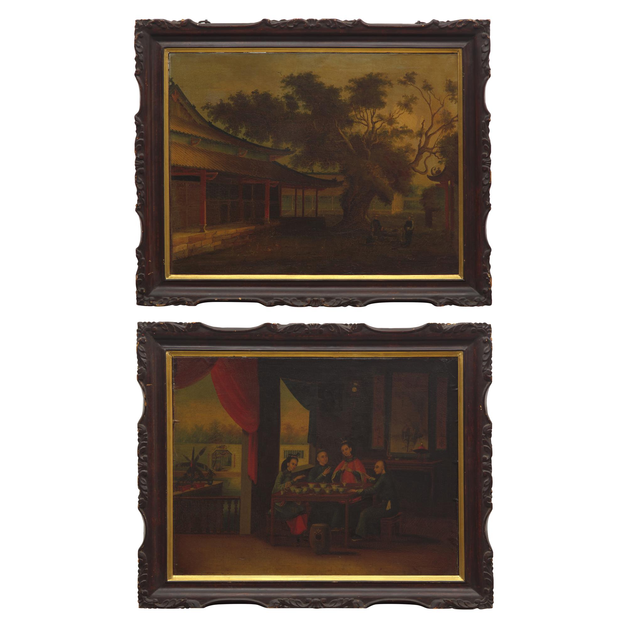 Two Framed Chinese Export Paintings, 19th Century — 清晚期 外銷油畫兩幅
