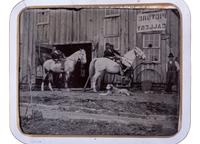 [EARLY PHOTOGRAPHY]. Half plate tintype of men, horses, & a dog outside of a "Picture Gallery."