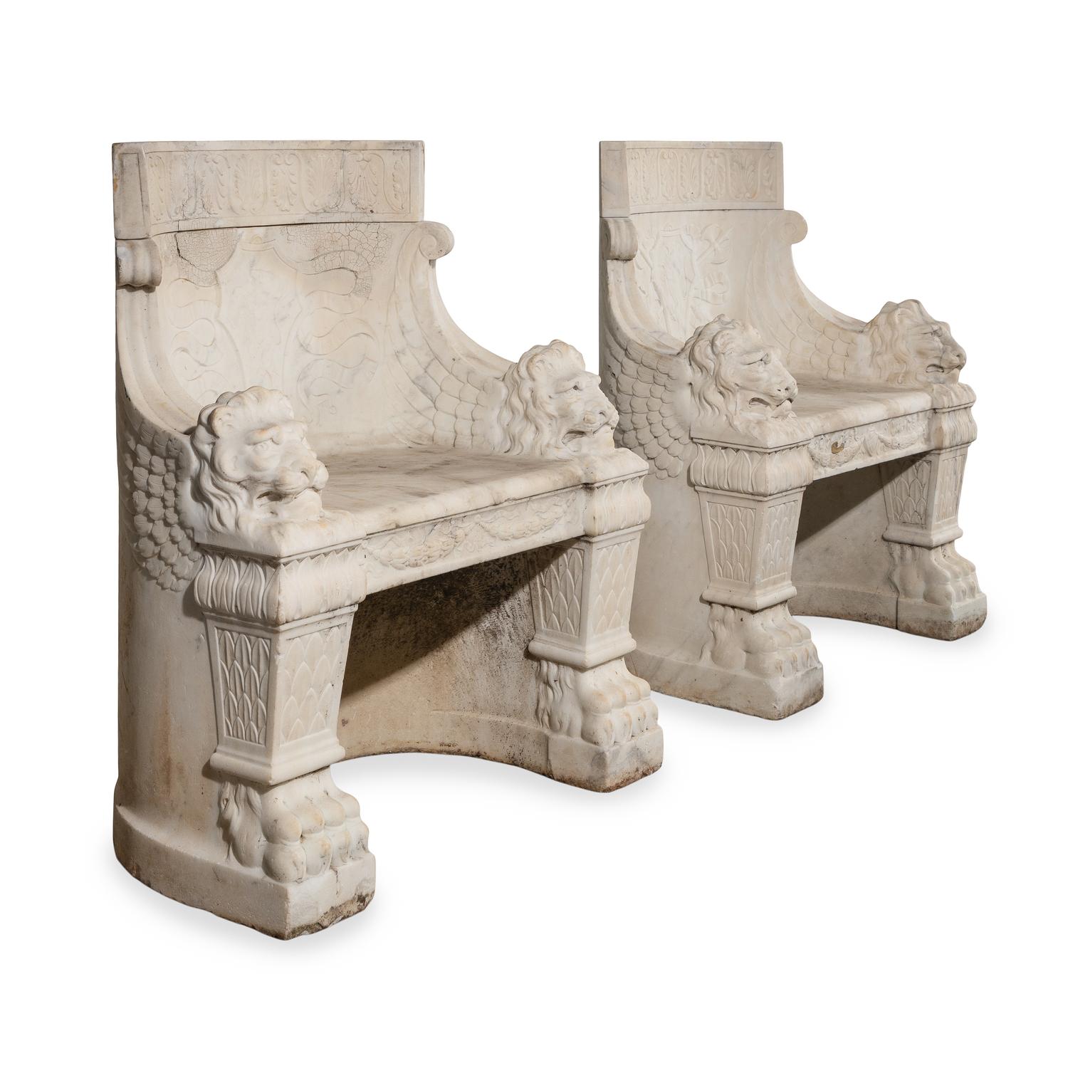A Pair of Roman Style White Marble Armchairs