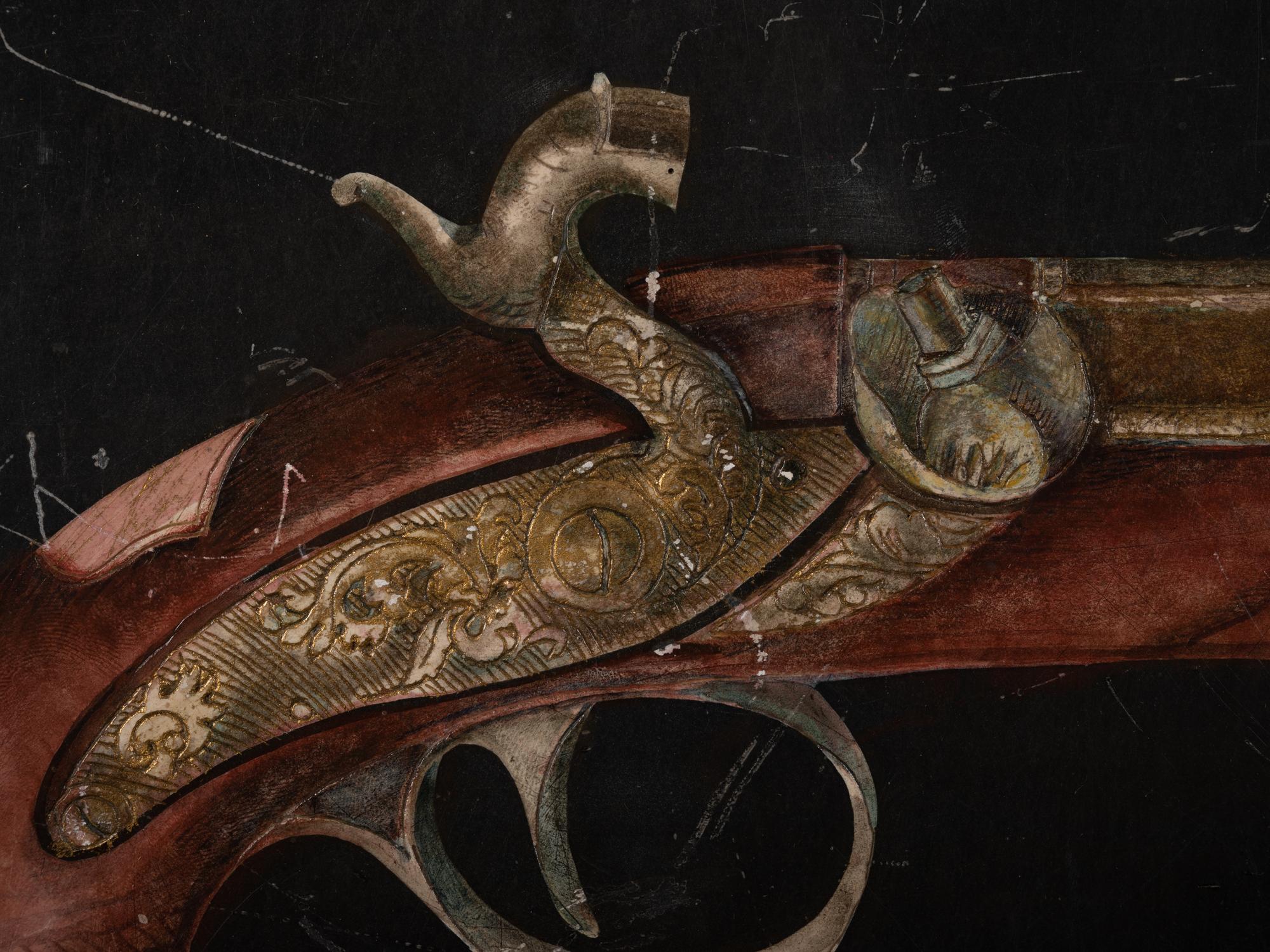 A Pair of Sgraffito Paintings of Pistols