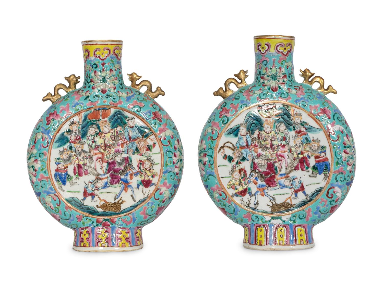 A Pair of Chinese Famille Rose Porcelain Moon Flasks