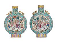 A Pair of Chinese Famille Rose Porcelain Moon Flasks