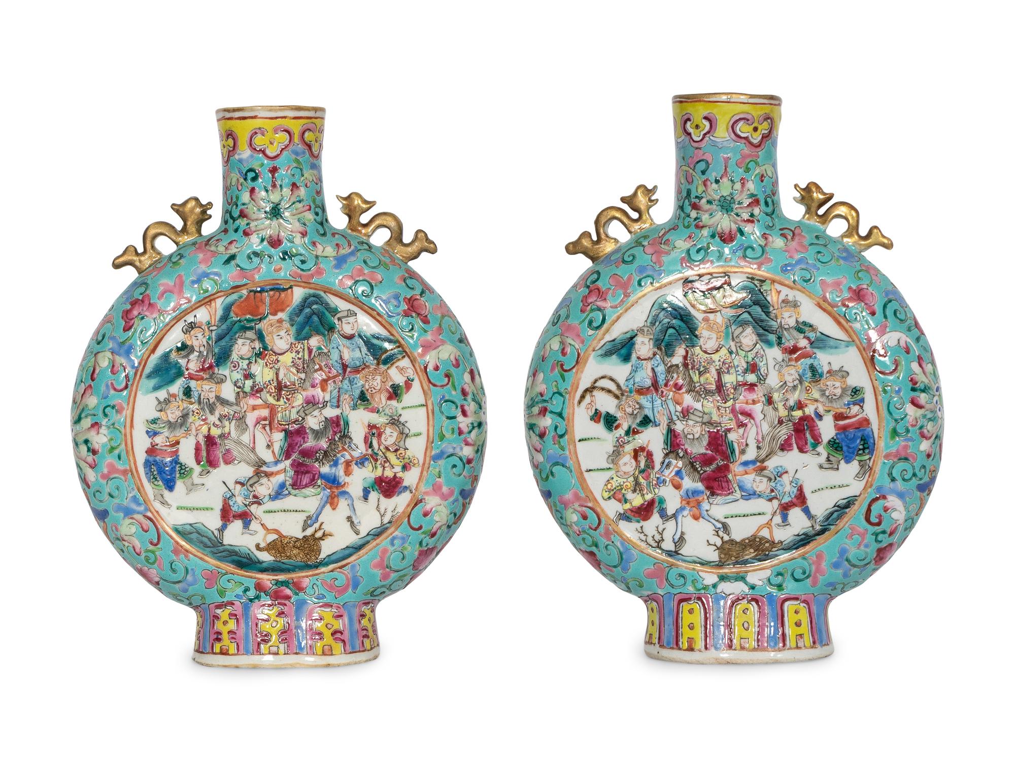 A Pair of Chinese Famille Rose Porcelain Moon Flasks