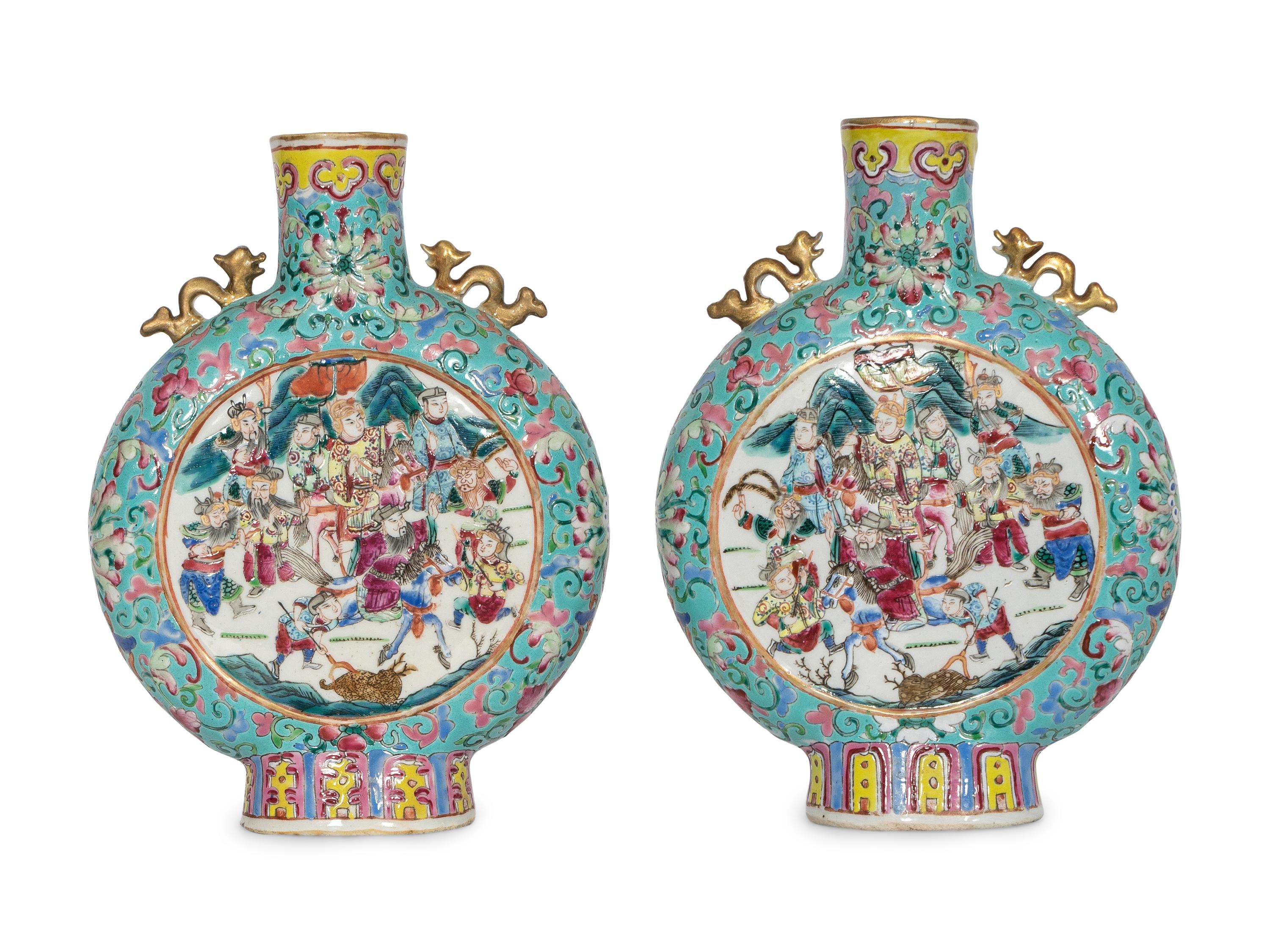 A Pair of Chinese Famille Rose Porcelain Moon Flasks