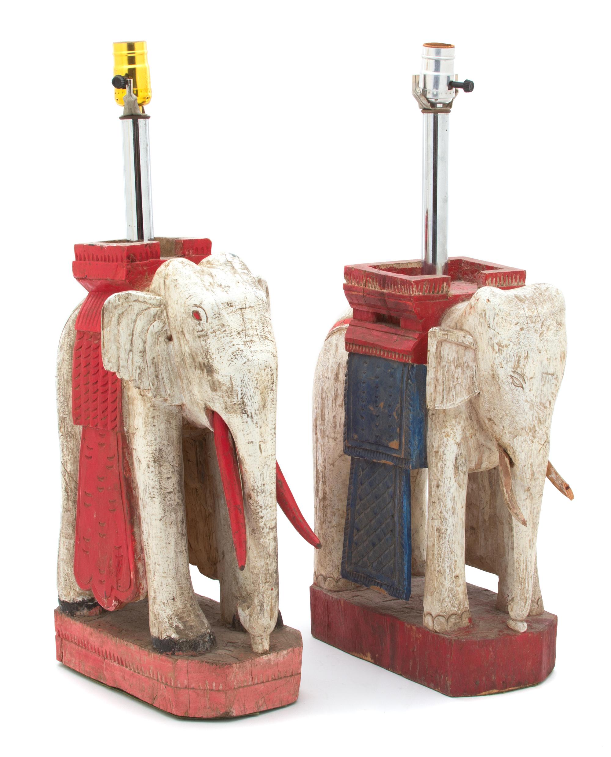A Pair of Painted Wood Indian Elephant-Form Lamps Height overall 24 inches. — 20TH CENTURY