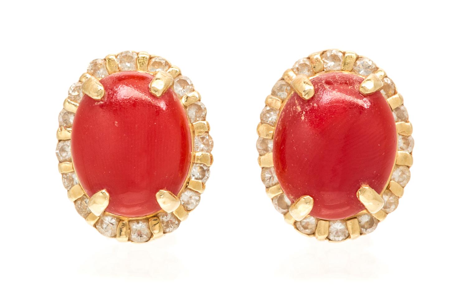 A Pair of 14 Karat Yellow Gold, Coral and Diamond Earclips, 5.70 dwts.
