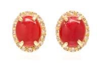 A Pair of 14 Karat Yellow Gold, Coral and Diamond Earclips, 5.70 dwts.