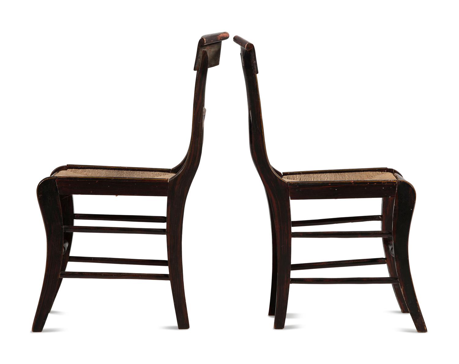 A Pair of Classical Eagle Carved and Grain Paint Decorated Rush Seat Side Chairs