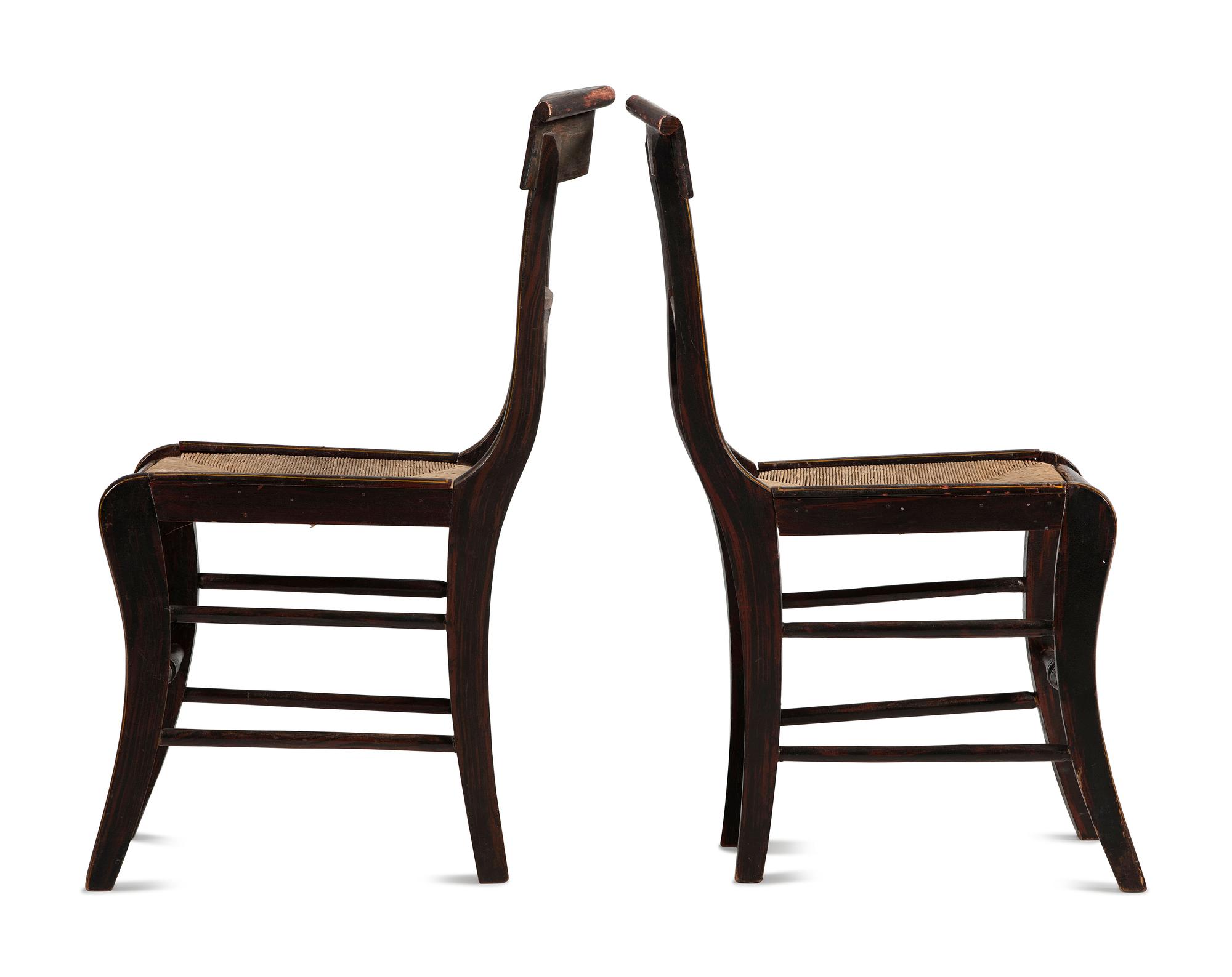 A Pair of Classical Eagle Carved and Grain Paint Decorated Rush Seat Side Chairs