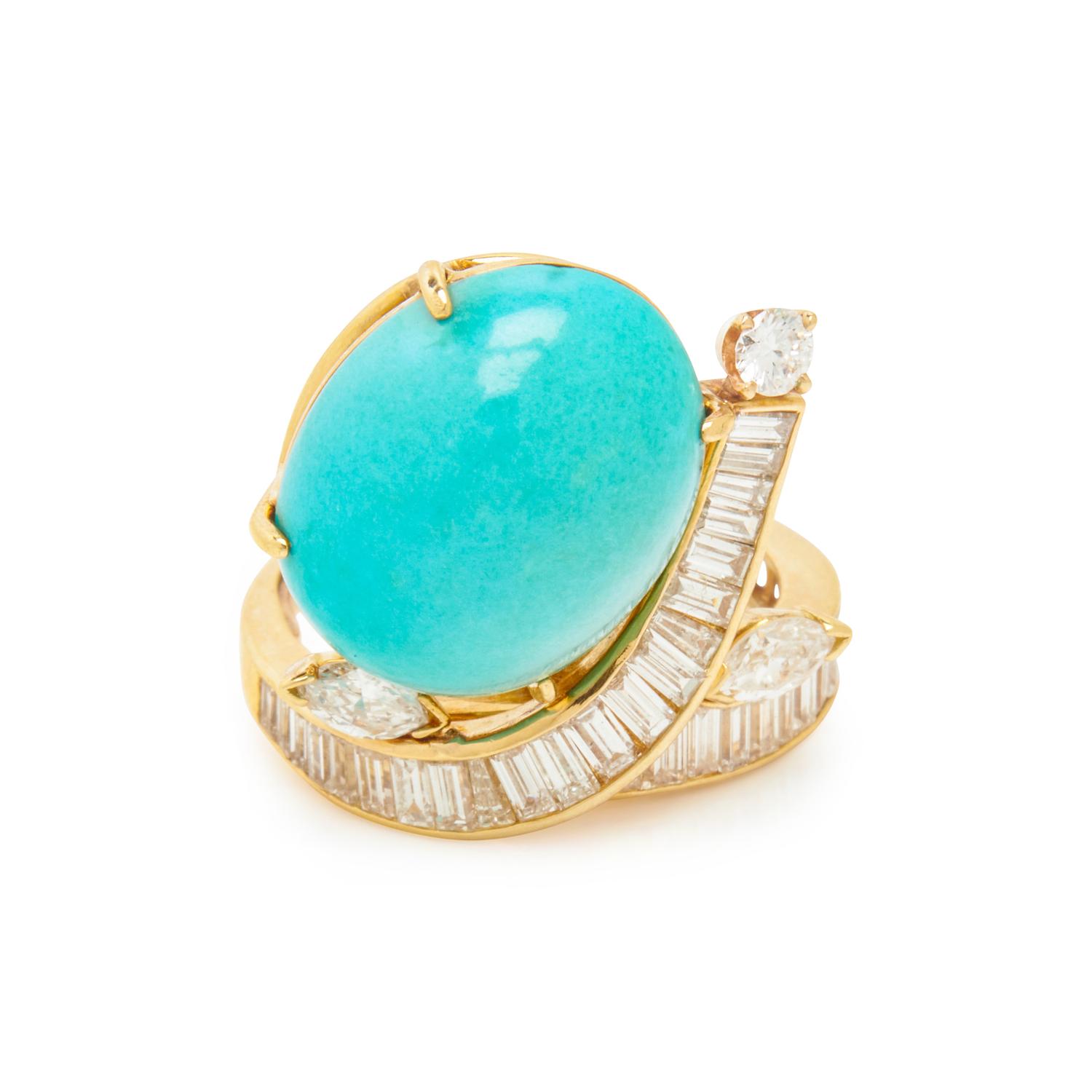 YELLOW GOLD, TURQUOISE, AND DIAMOND BYPASS COCKTAIL RING