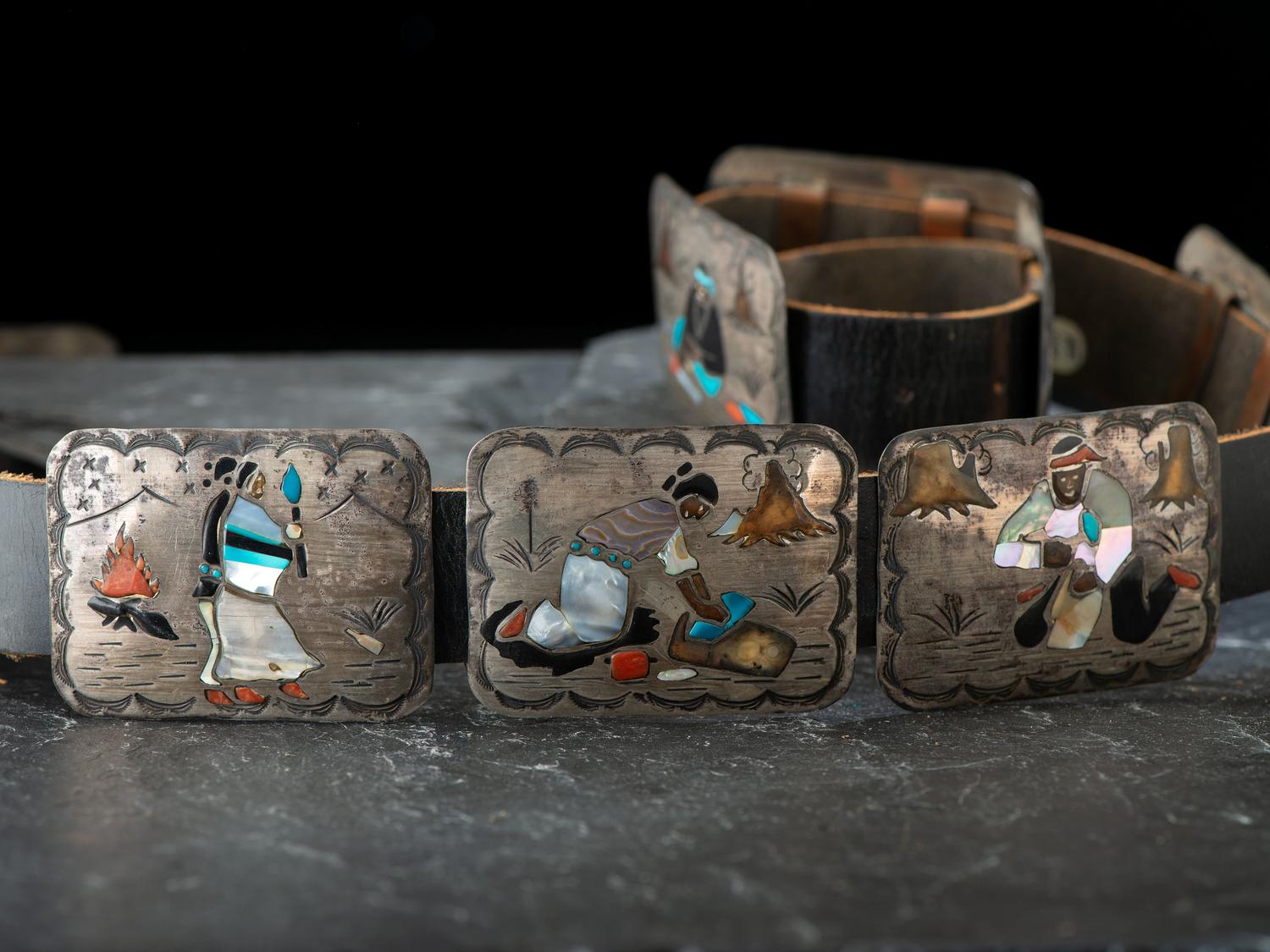 Navajo Silver Storyteller Concha Belt, with Inlay