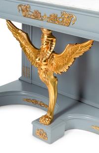 A Pair of Directoire Style Painted and Parcel Gilt Marble-Top Console Tables