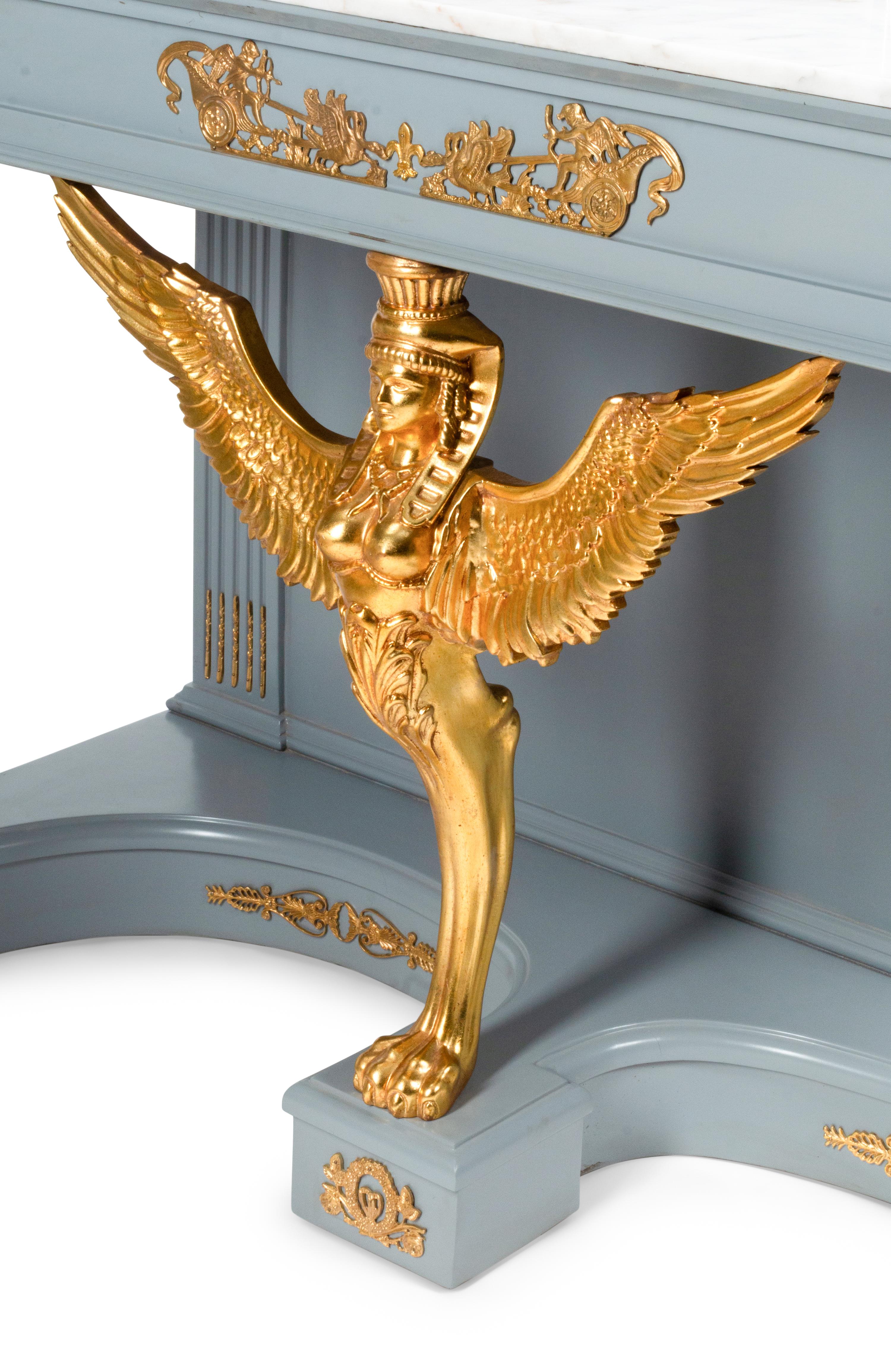A Pair of Directoire Style Painted and Parcel Gilt Marble-Top Console Tables