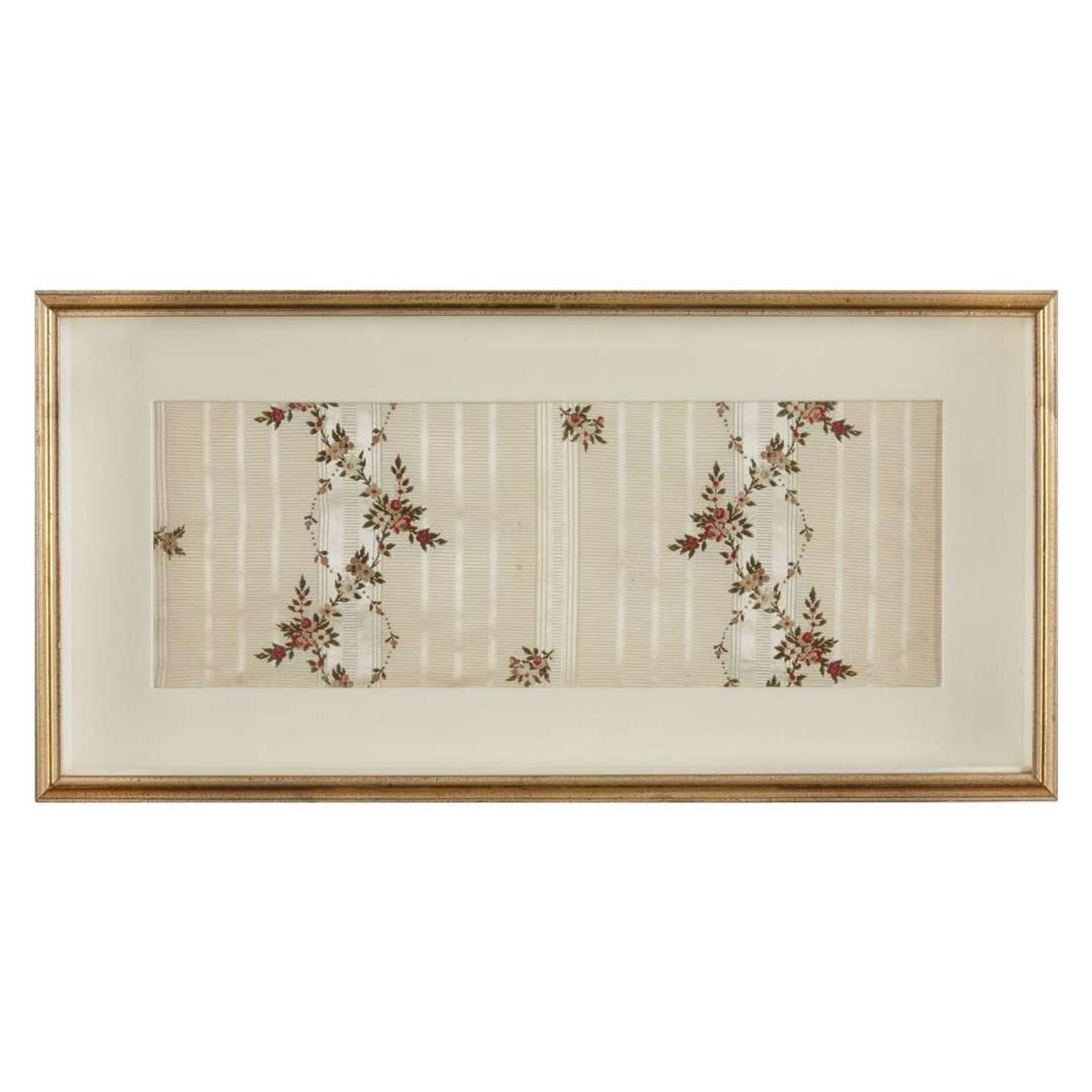 Framed floral silk brocade dress fragment and needlework sampler of Dolly Madison, Washington and Clemson Family interest Southern States, early 19th century