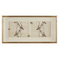 Framed floral silk brocade dress fragment and needlework sampler of Dolly Madison, Washington and Clemson Family interest Southern States, early 19th century