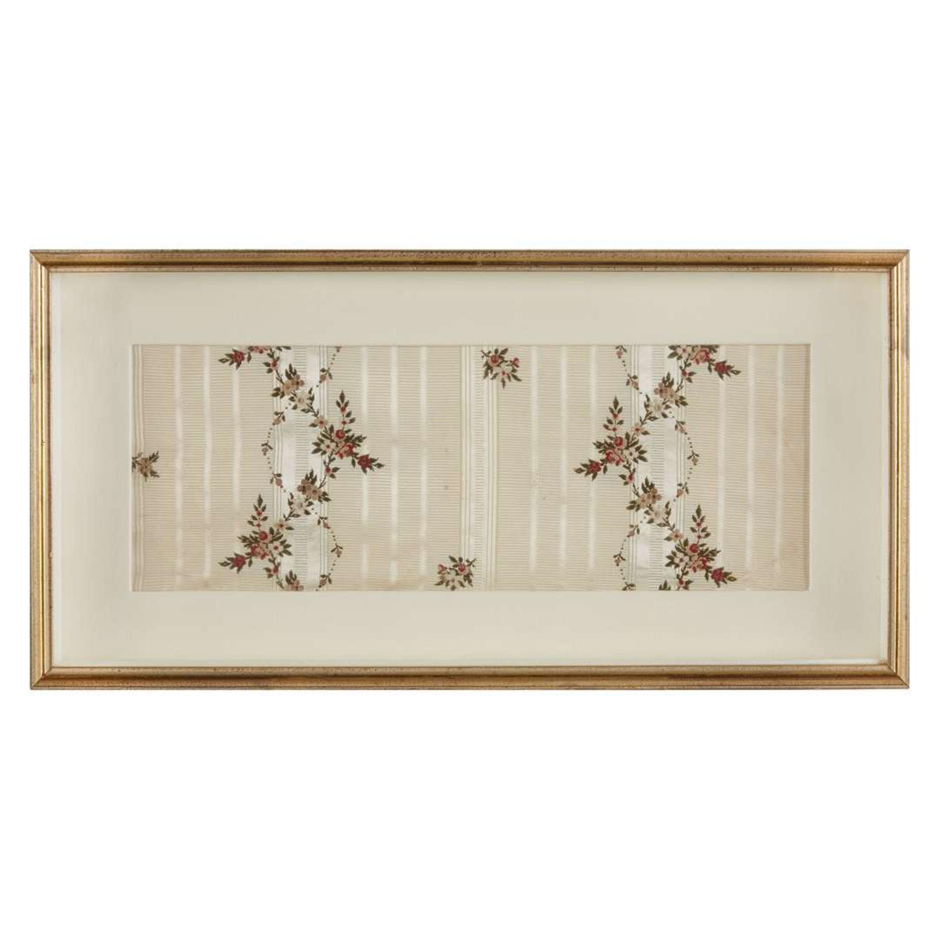 Framed floral silk brocade dress fragment and needlework sampler of Dolly Madison, Washington and Clemson Family interest Southern States, early 19th century