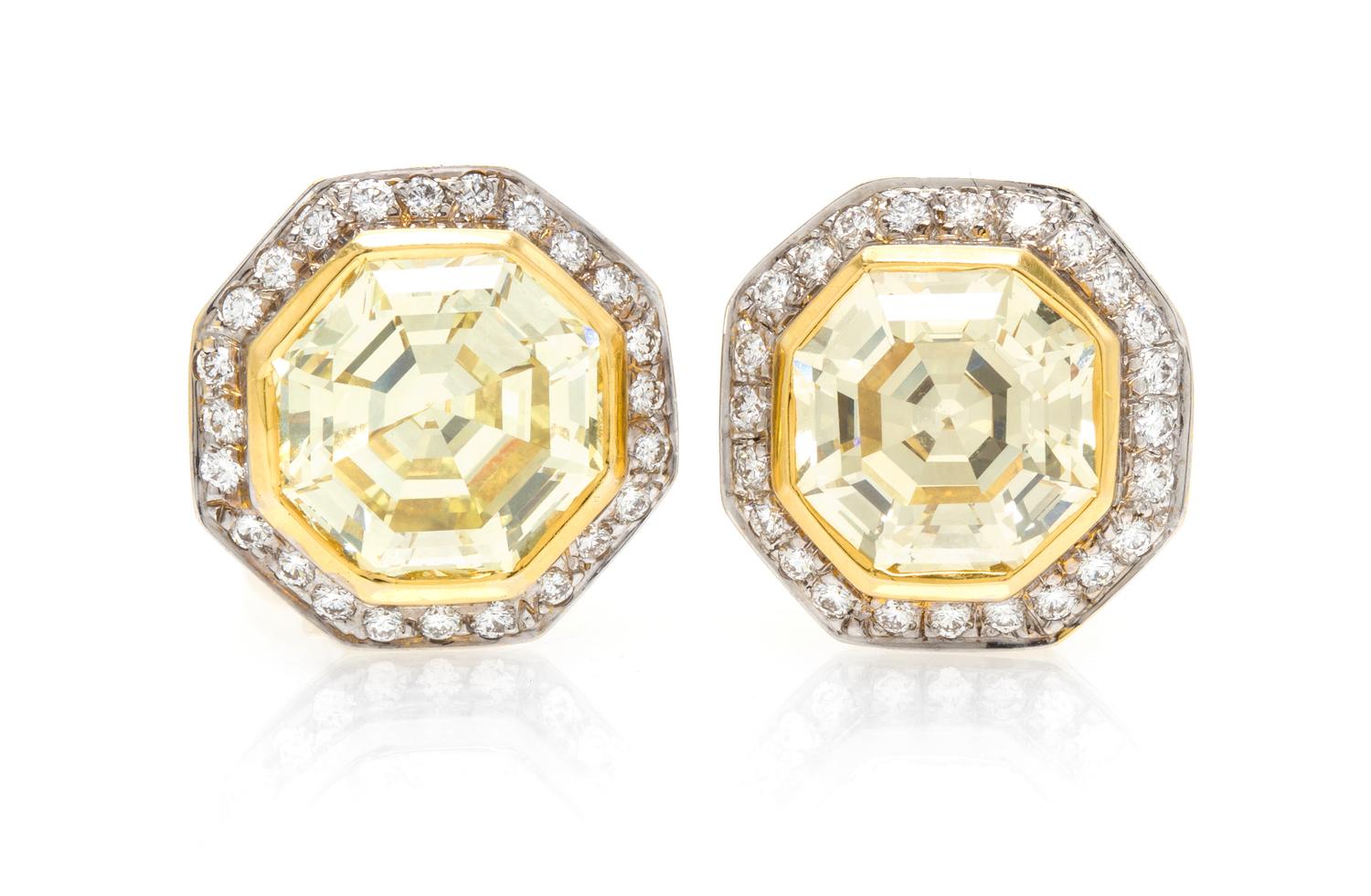 A Pair of 18 Karat Gold, Fancy Color Diamond and Diamond Earclips, 9.20 dwts.