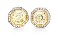 A Pair of 18 Karat Gold, Fancy Color Diamond and Diamond Earclips, 9.20 dwts.