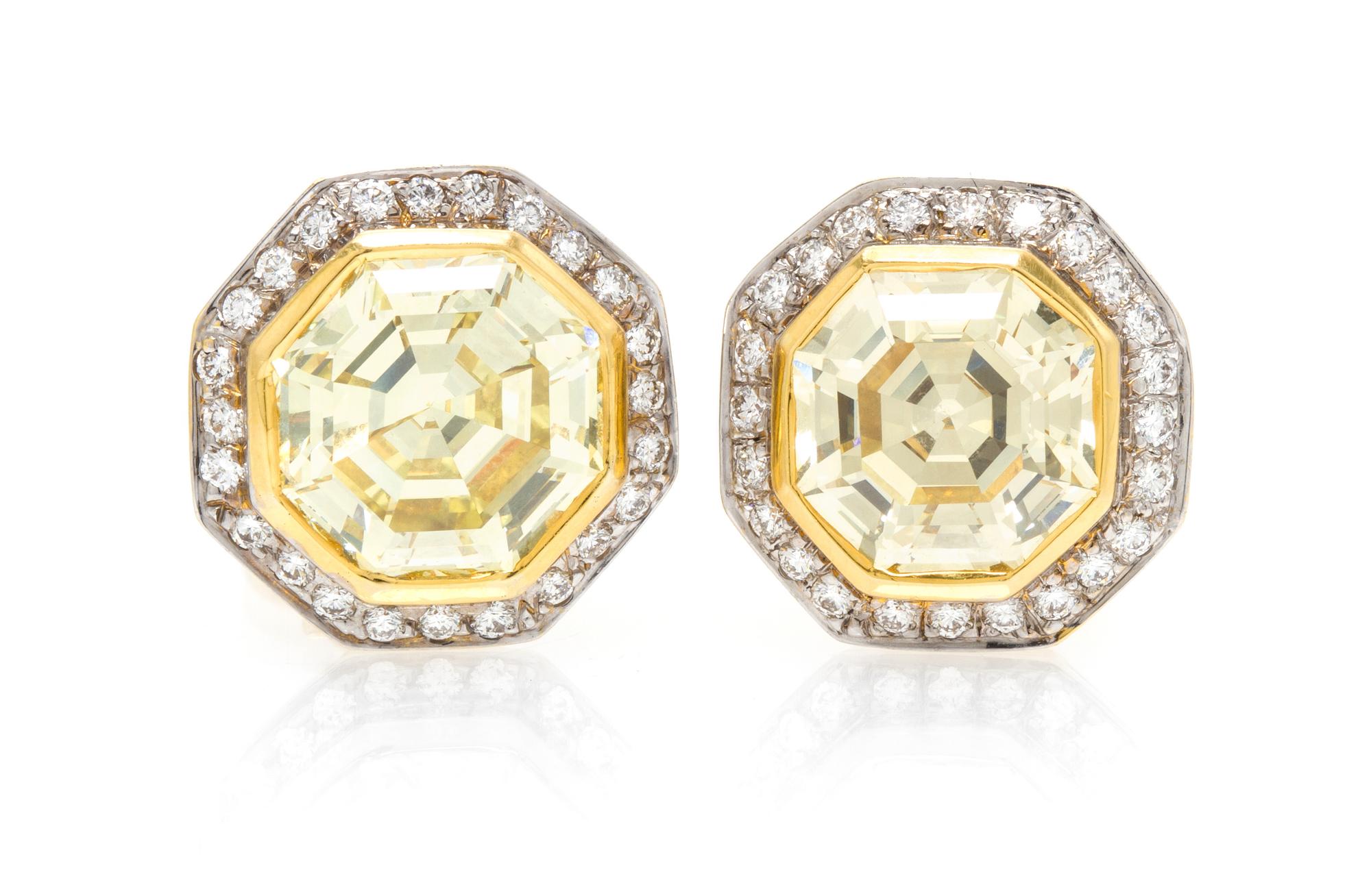 A Pair of 18 Karat Gold, Fancy Color Diamond and Diamond Earclips, 9.20 dwts.