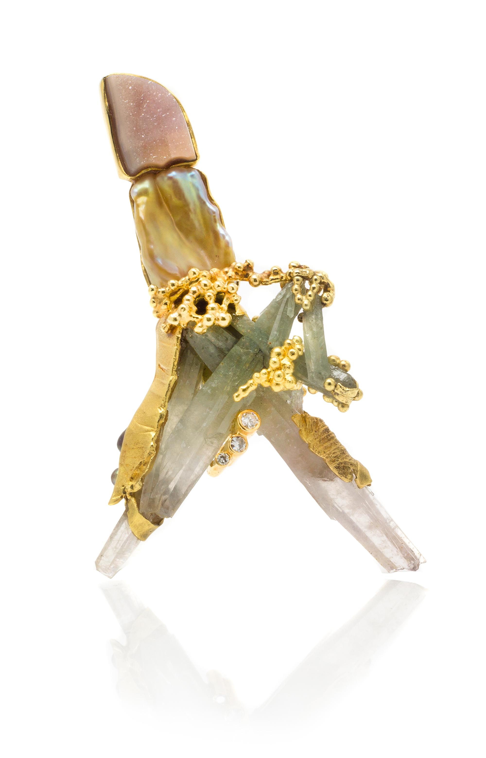 An 18 Karat Yellow Gold, Biwa Pearl, Diamond, Druzy Quartz and Green Quartz Brooch, Eve Alfille, 15.60 dwts.