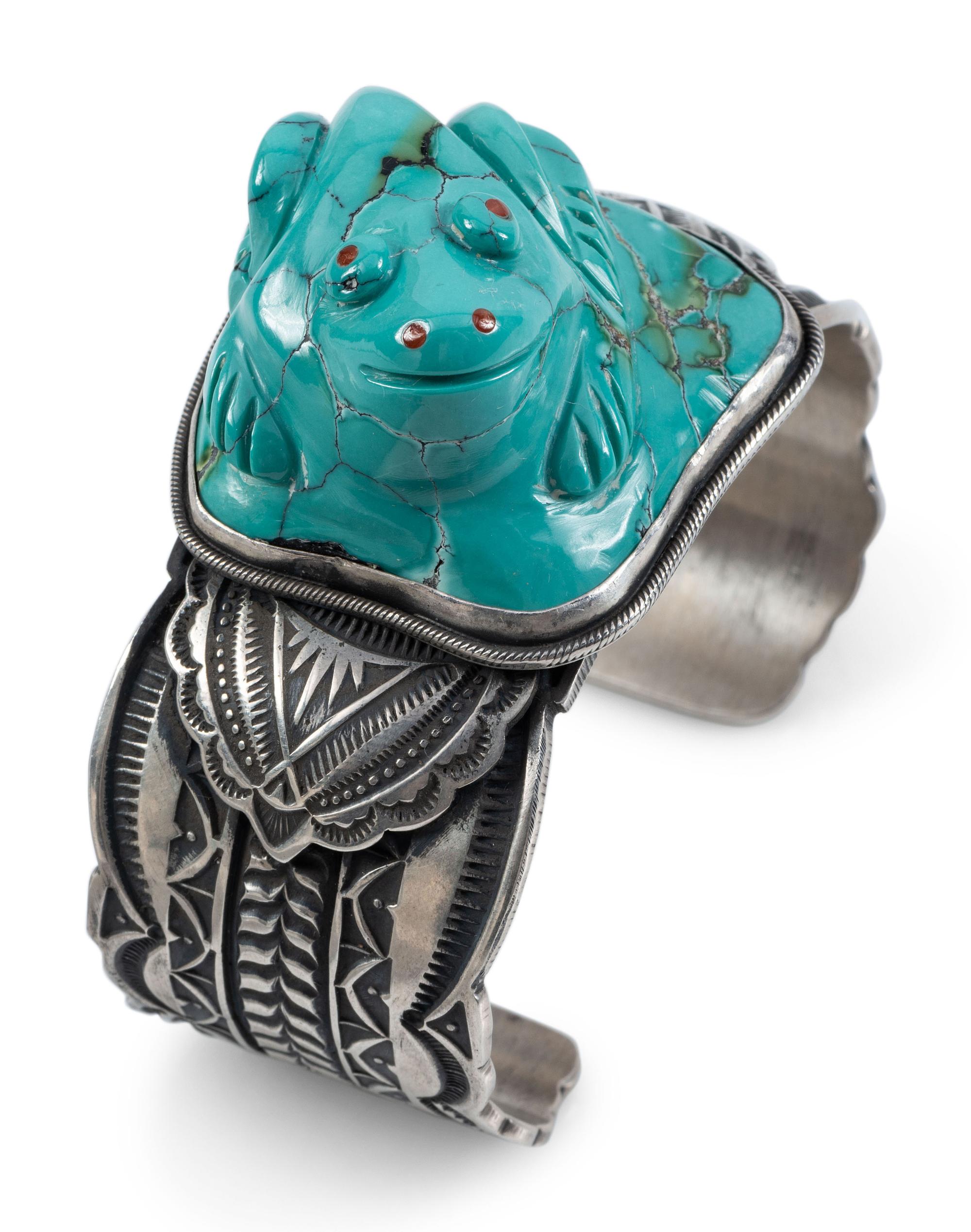 Heavily Stamped Sterling Silver Cuff Bracelet, with Carved Turquoise Frog
