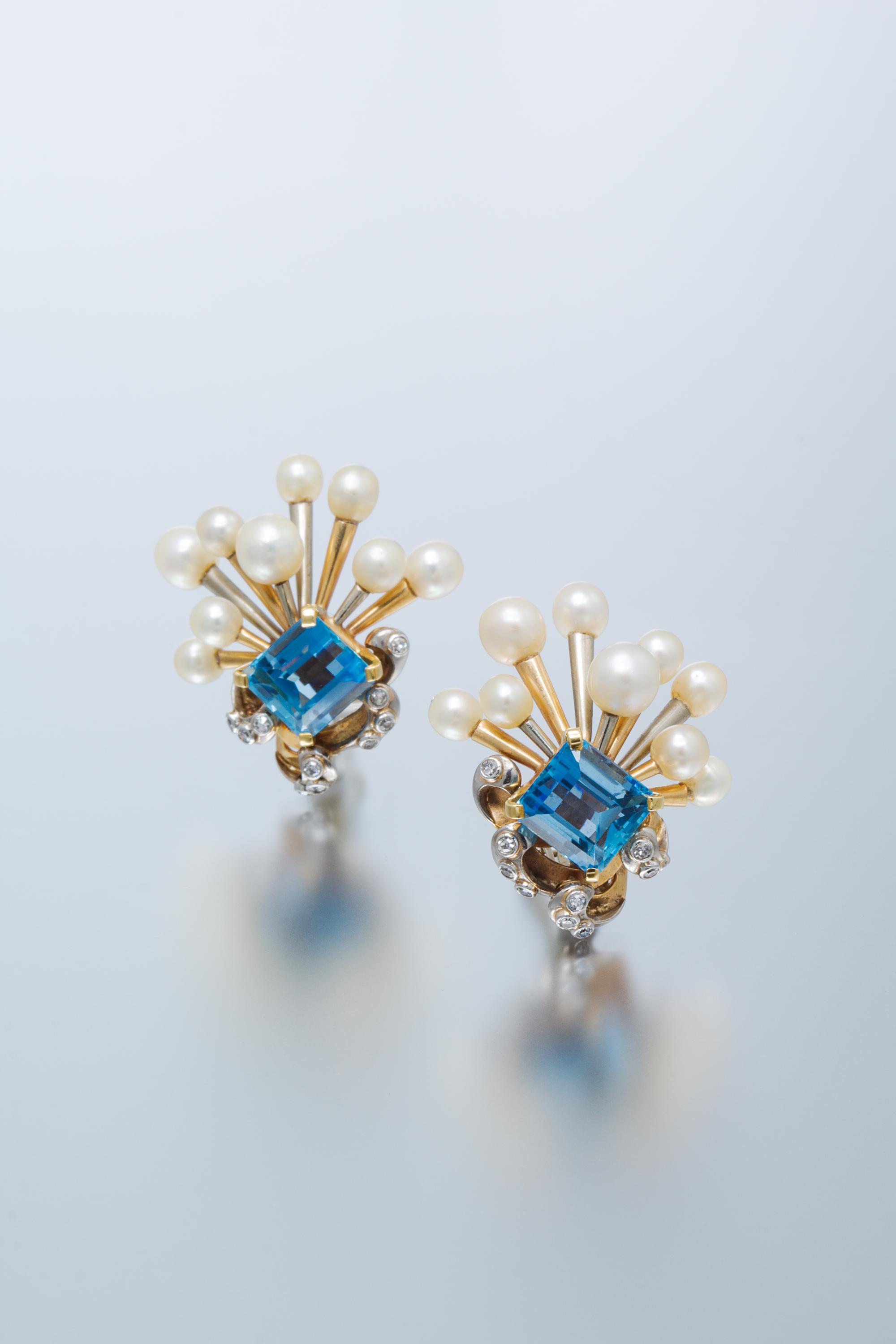 A Pair of Two Tone Gold, Aquamarine, Cultured Pearl and Diamond Earclips, Seaman Schepps, Circa 1940, 14.90 dwts.