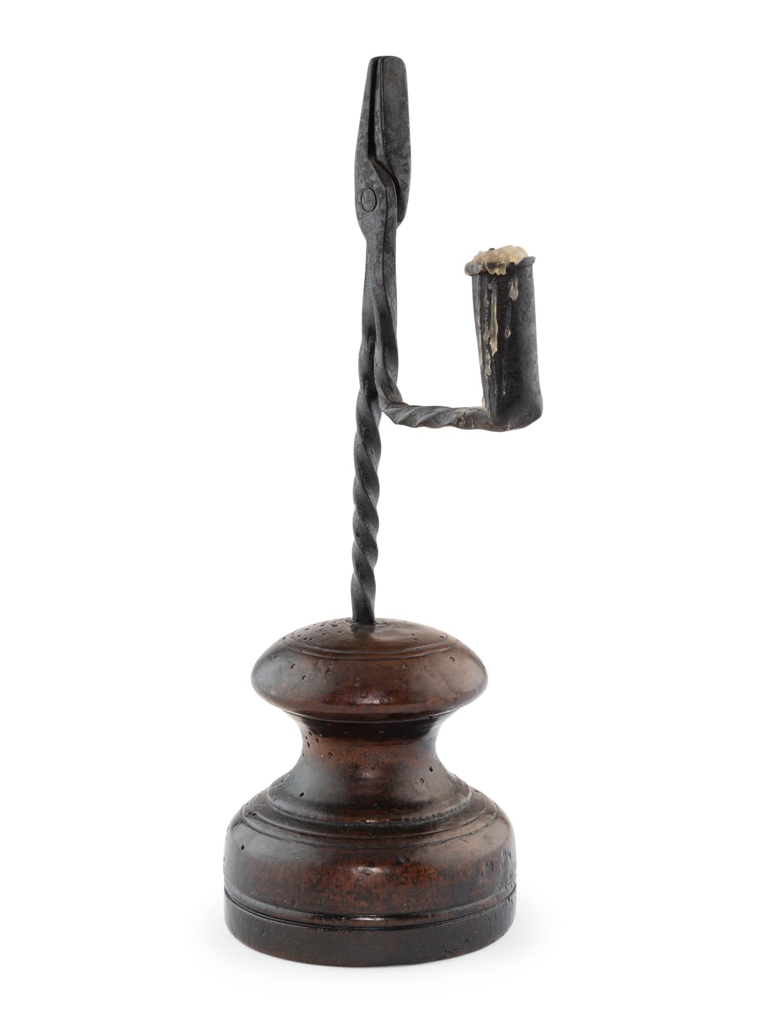 A Welsh Turned Wood and Wrought Iron Rushlight Holder