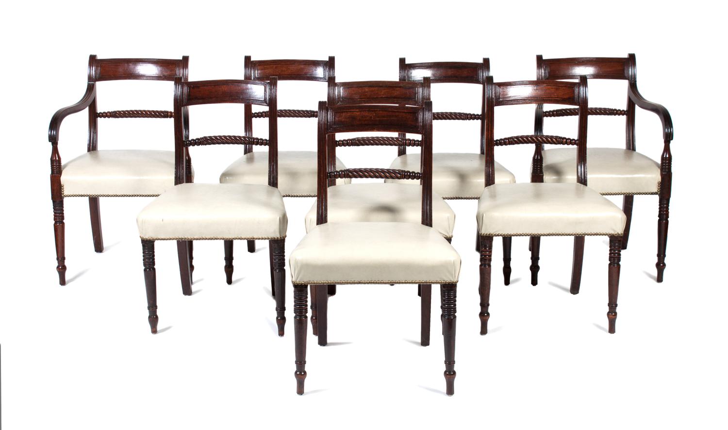 A Set of Eight Regency Dining Room Chairs Height of each 32 1/4 inches.