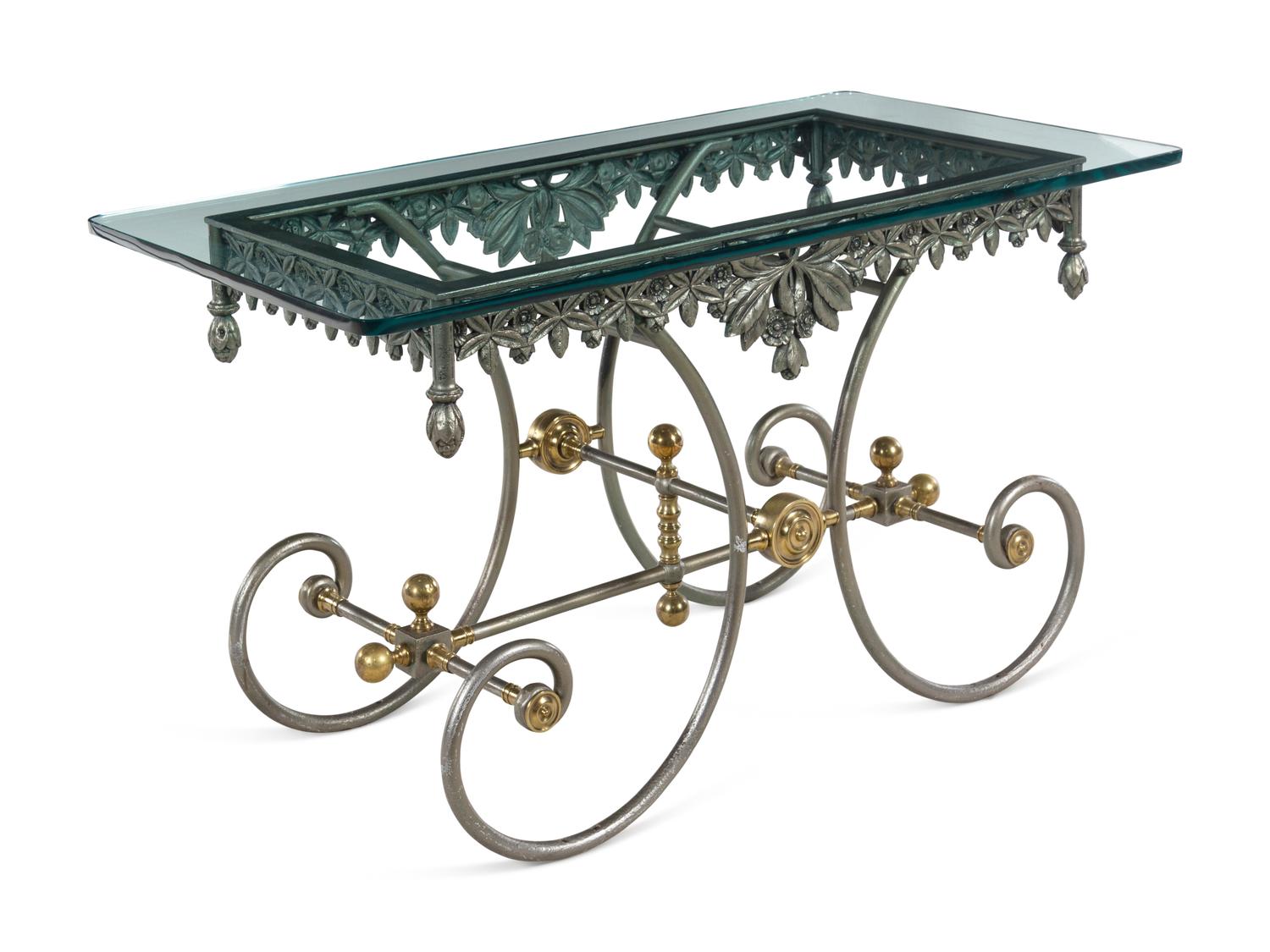 A Steel and Brass Glass-Top Pastry Table