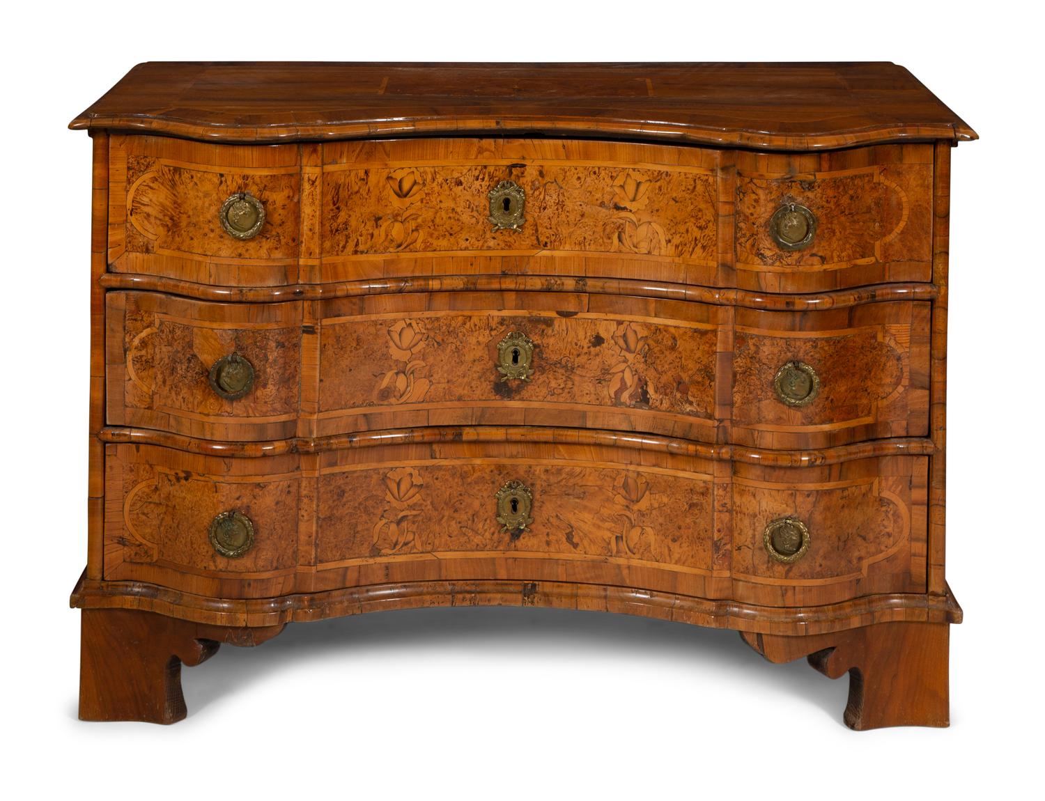 A German Baroque Burl Walnut Marquetry Serpentine Chest of Drawers